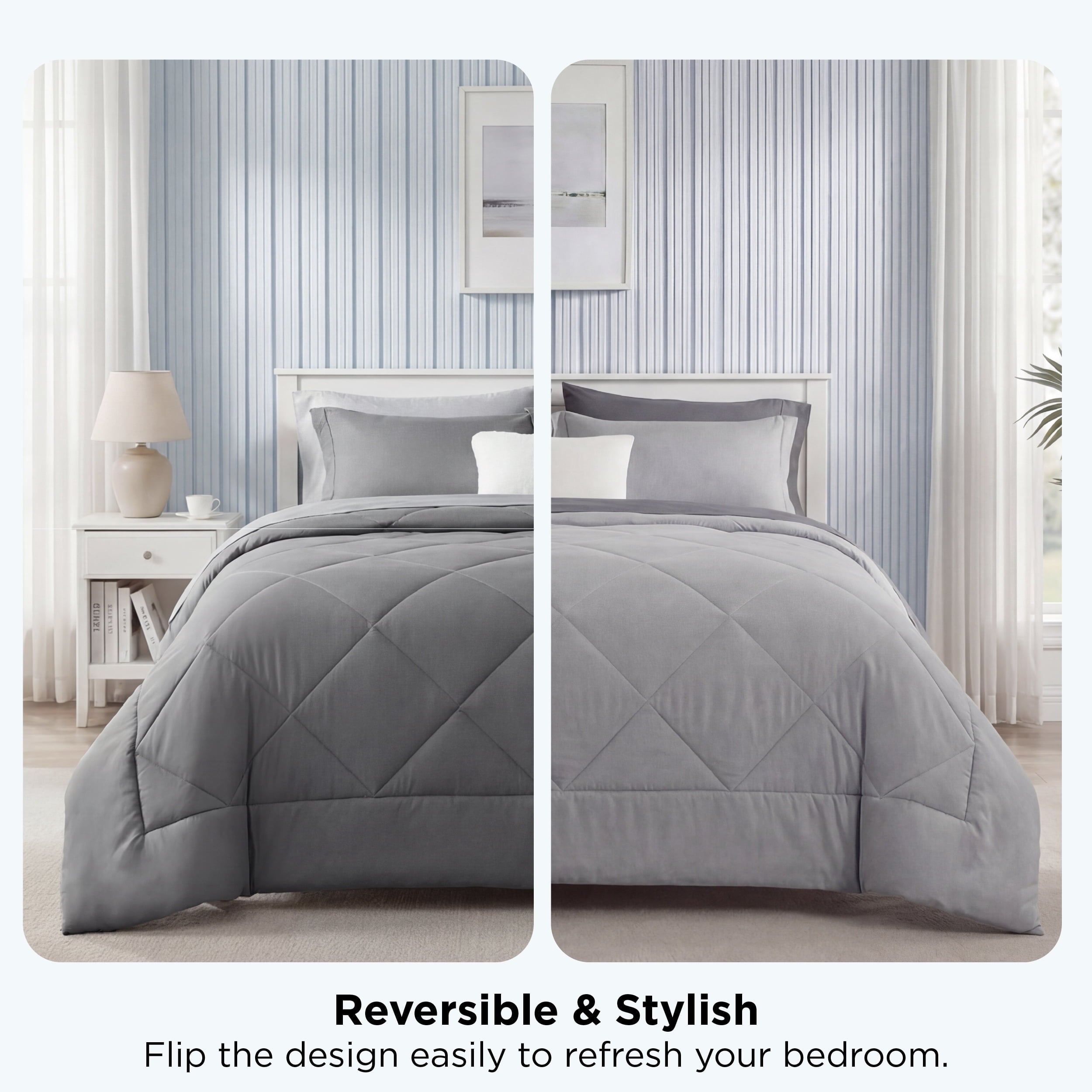 Heavyweight Warmth Queen Reversible Comforter Set - 7 Pieces Grey Bedding, Bed in a Bag with Alternative Comforter, Sheets, Pillowcases ... - Cloud-Like Soft Lightweight Bed Comforter Detail