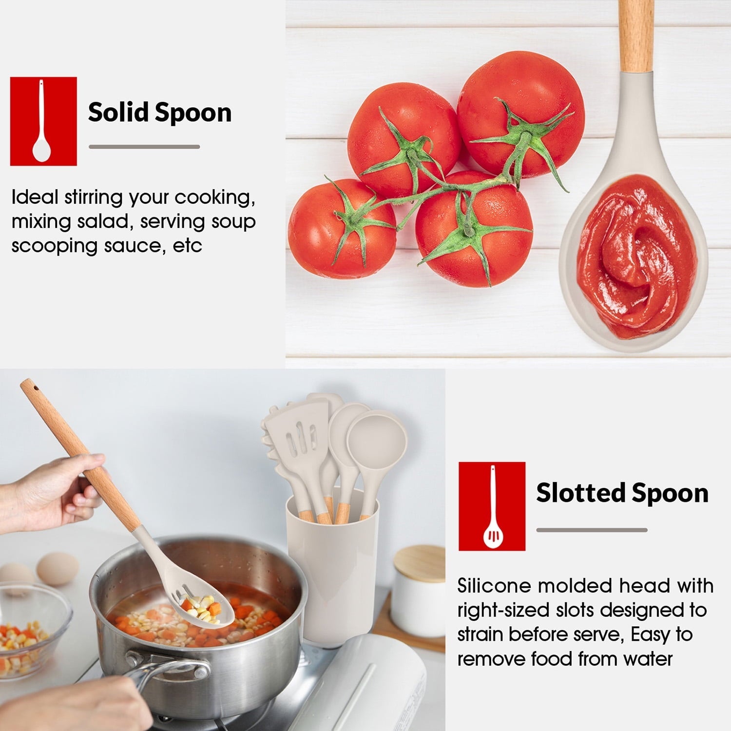 Ergonomic Cooking Kitchen Utensils Set of 6, Silicone Cooking Utensils with Wooden Handle, Non-Stick Cookware & Heat Resistant, Include... - Ergonomic Kitchen Tongs and Cooking Spoon Utensil Detail