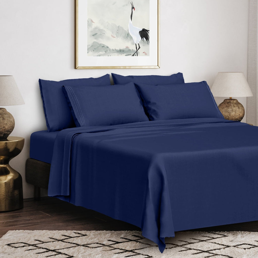Wrinkle-Resistant Queen Bed Sheets Set, 6 Pc Microfiber Bed Sheets, Extra Deep Pocket Queen Fitted Sheet, Flat Sheet & Pillowcases, Nav... - Luxury Bed Sheet Set with Deep Pockets Detail