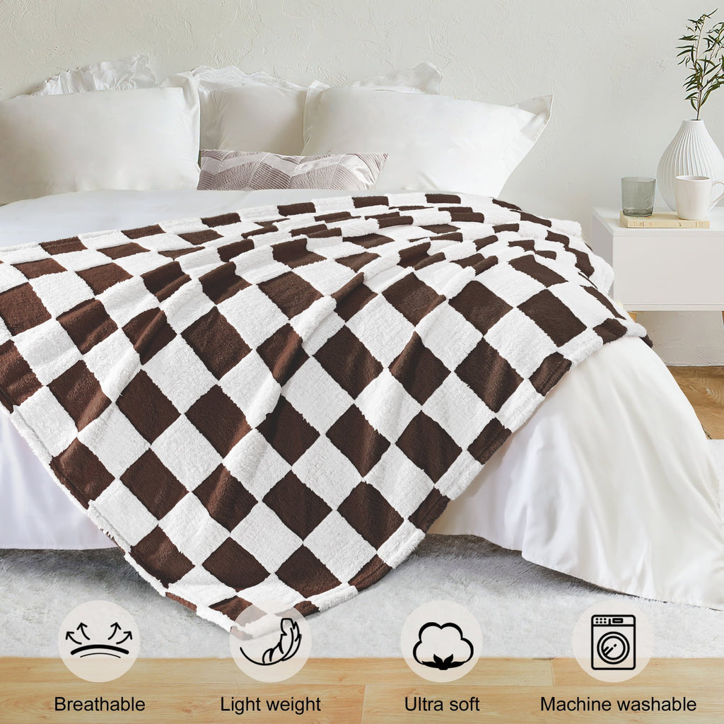 Reversible Sherpa Checkered Throw Blanket, Super Soft and Warm Fluffy Fleece Blanket for Couch, Sofa, Bed, Cute Plaid Pattern, Coffee, ... - Lightweight Plush Warm Blanket for All Seasons Detail