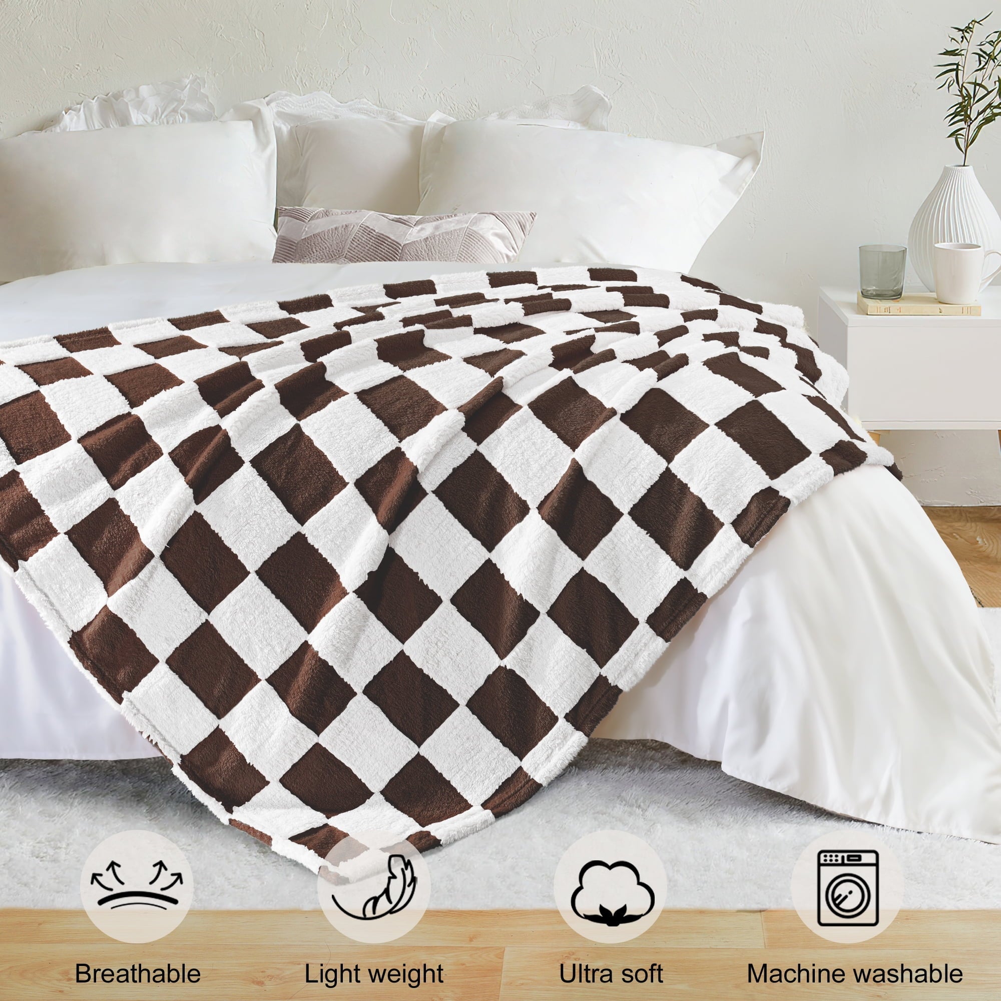 Reversible Sherpa Checkered Throw Blanket, Super Soft and Warm Fluffy Fleece Blanket for Couch, Sofa, Bed, Cute Plaid Pattern, Coffee, ... - Lightweight Plush Warm Blanket for All Seasons Detail