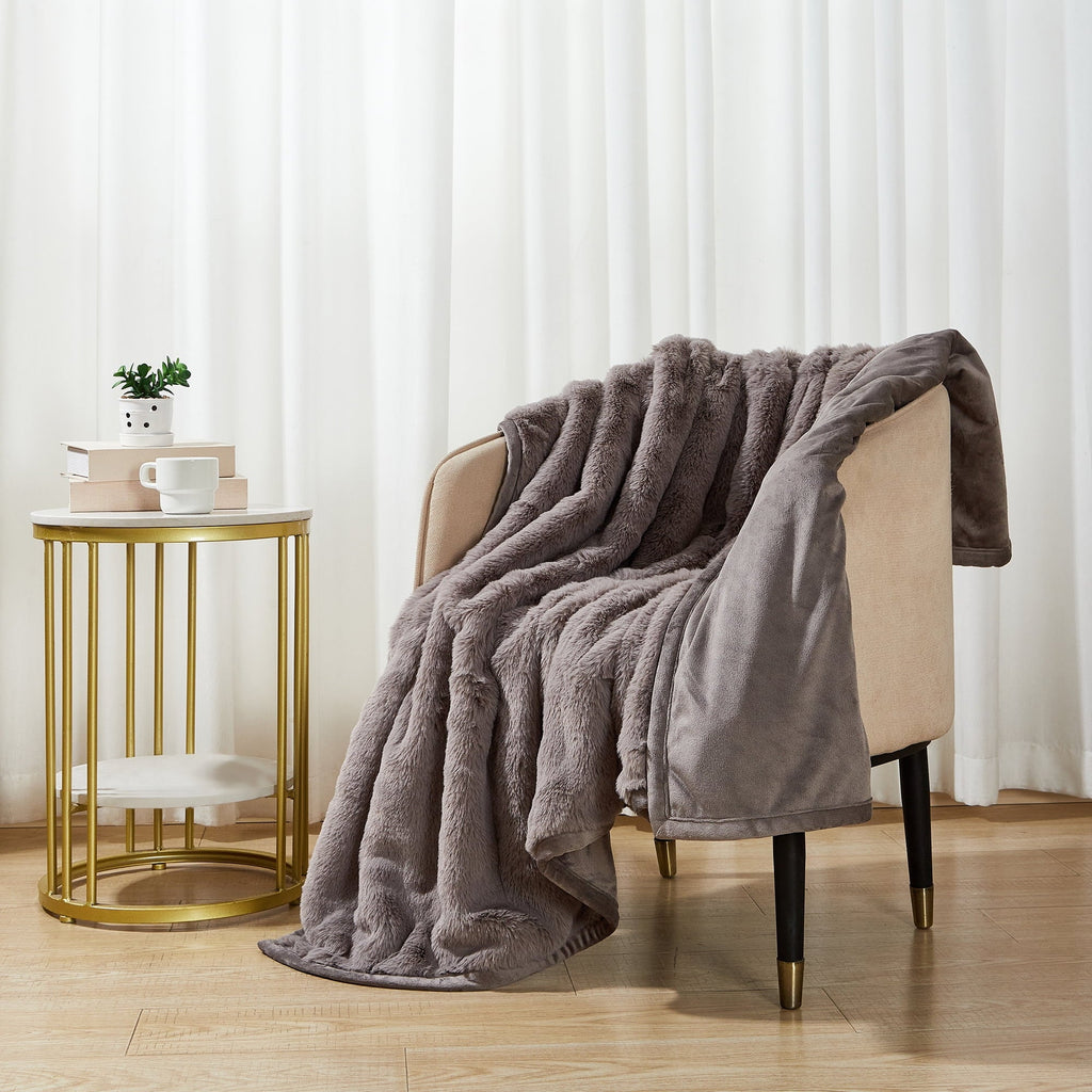 Super Soft Flannel Grey Faux Fur Ultra Soft Luxury Oversized Throw Blanket 50" x 72", Grey Bisque - Luxury Knitted Decorative Throw Blanket with Fringes Detail