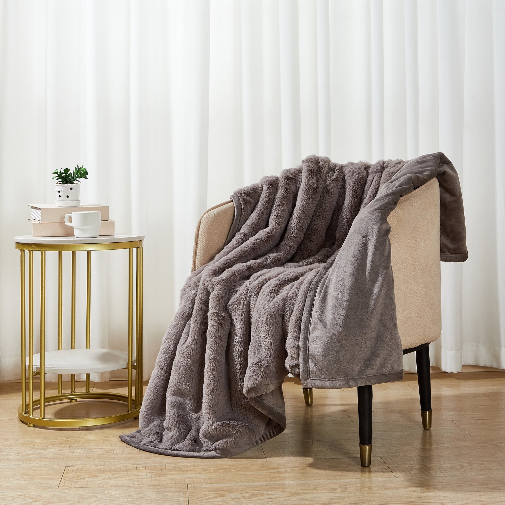 Super Soft Flannel Grey Faux Fur Ultra Soft Luxury Oversized Throw Blanket 50" x 72", Grey Bisque - Luxury Knitted Decorative Throw Blanket with Fringes Detail