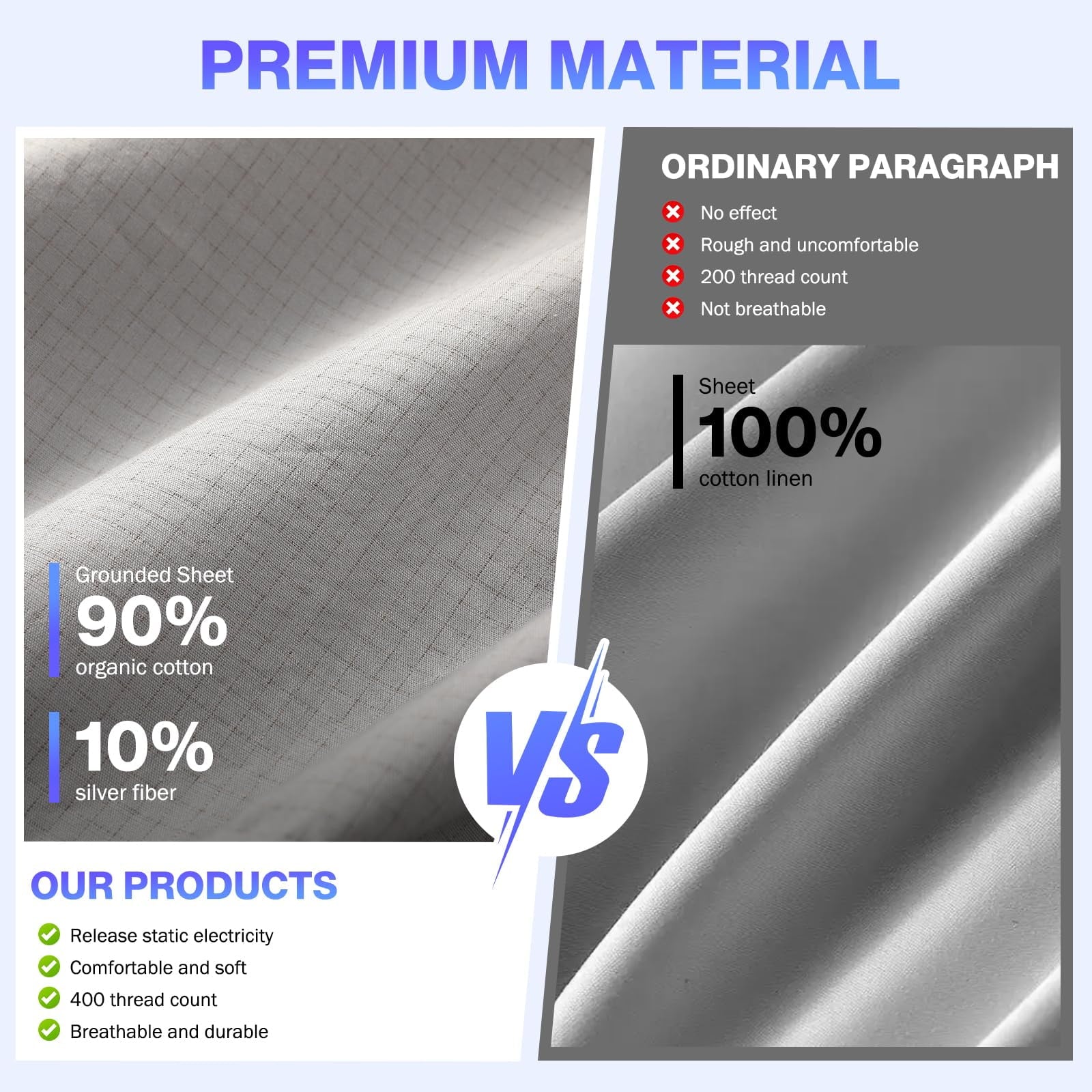 Cooling Sateen Grounding Sheets King Size,Earth Grounded Fitted Bed Sheet 10% Pure Silver Fiber + 90% Organic Cotton, Bed Grounding ... - Breathable Egyptian Cotton Flat & Fitted Sheets Detail