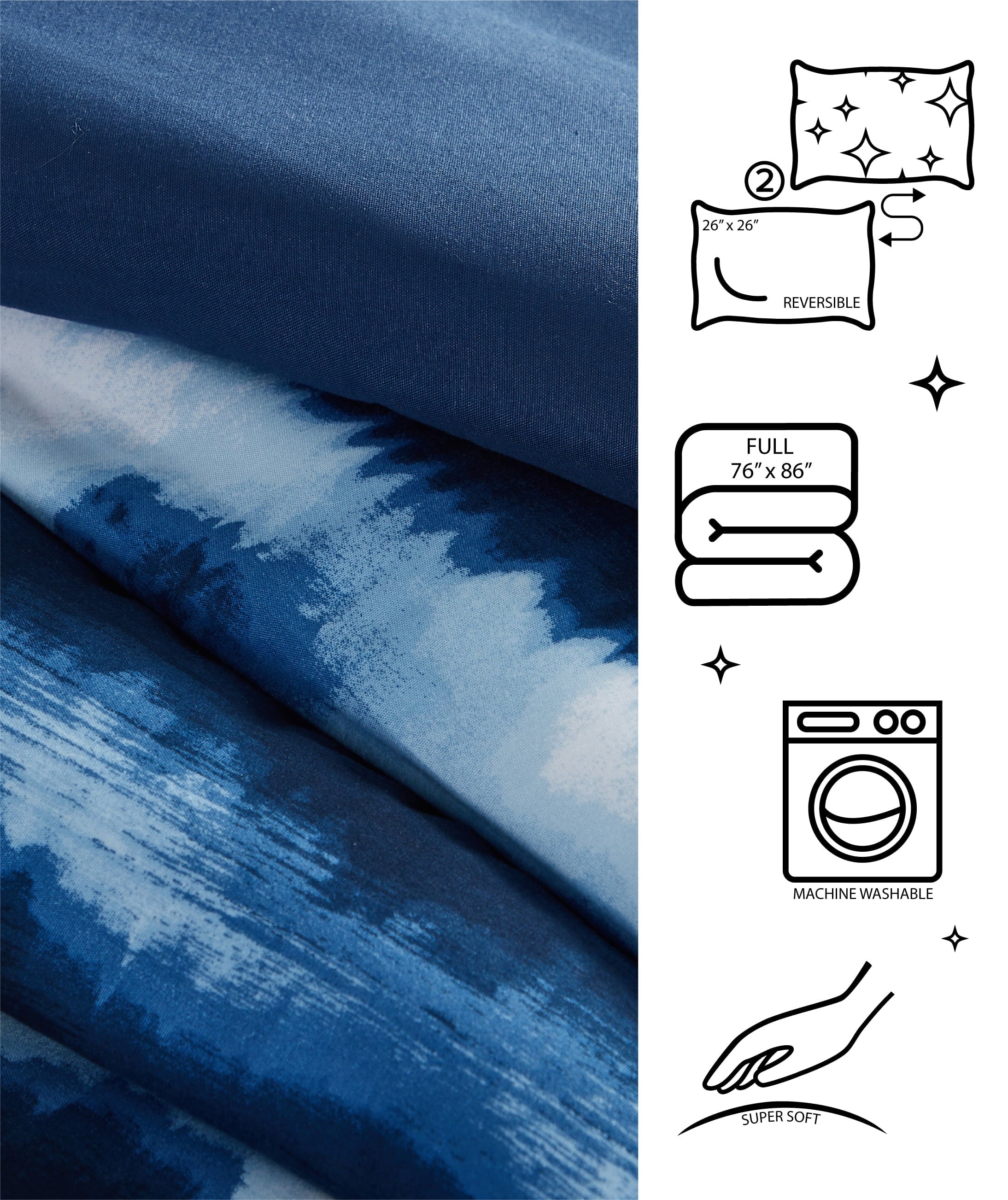 All-Season Tie Dye Navy 3 Piece Comforter Set, Full - All-Season Down Alternative Comforter Insert Detail