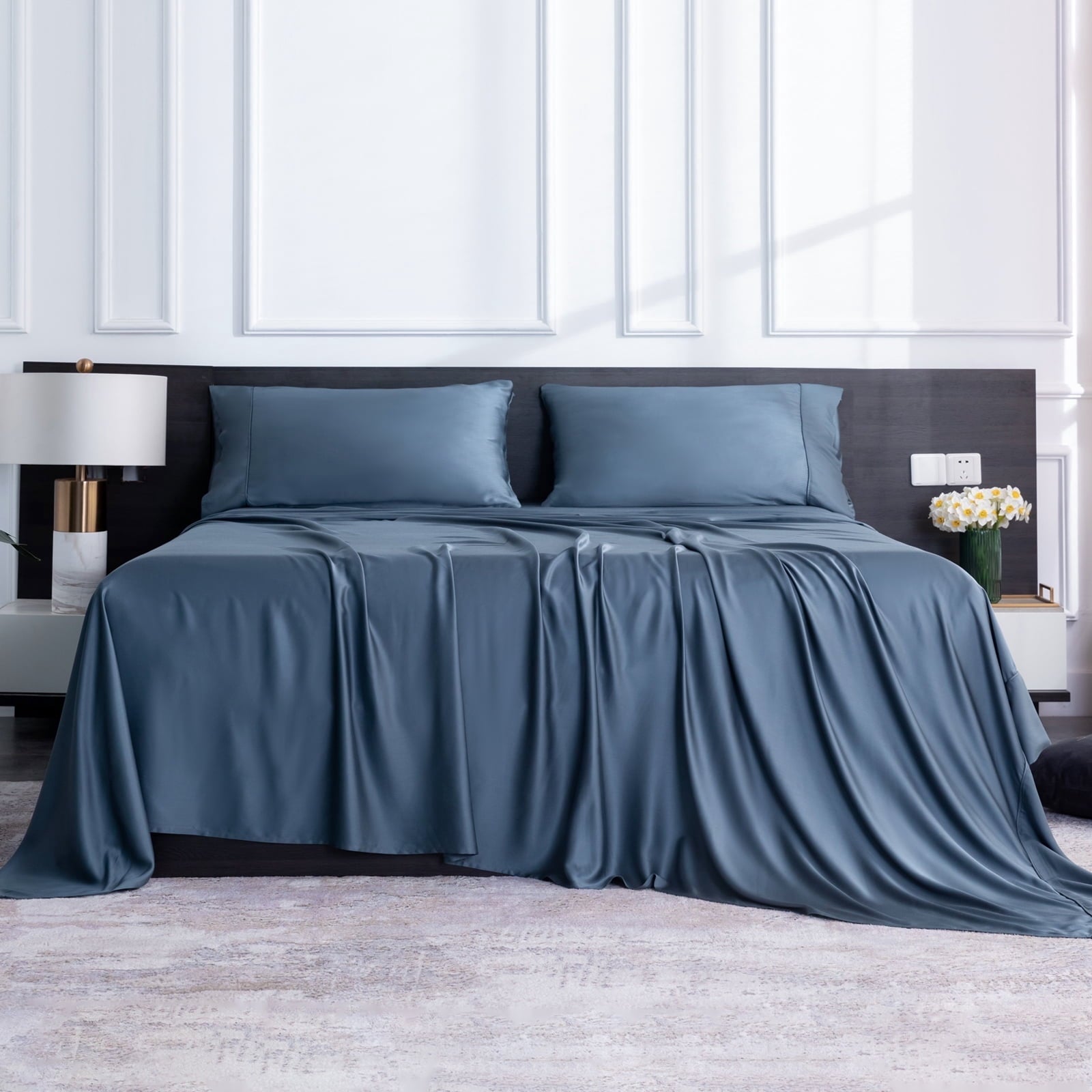 Ultra-Soft Luxury Bamboo Bed Sheets Set Full 4 Pcs for Adult,Soft&Cool,16" Deep Pocket,Blue Gray - Luxury Bed Sheet Set with Deep Pockets Detail