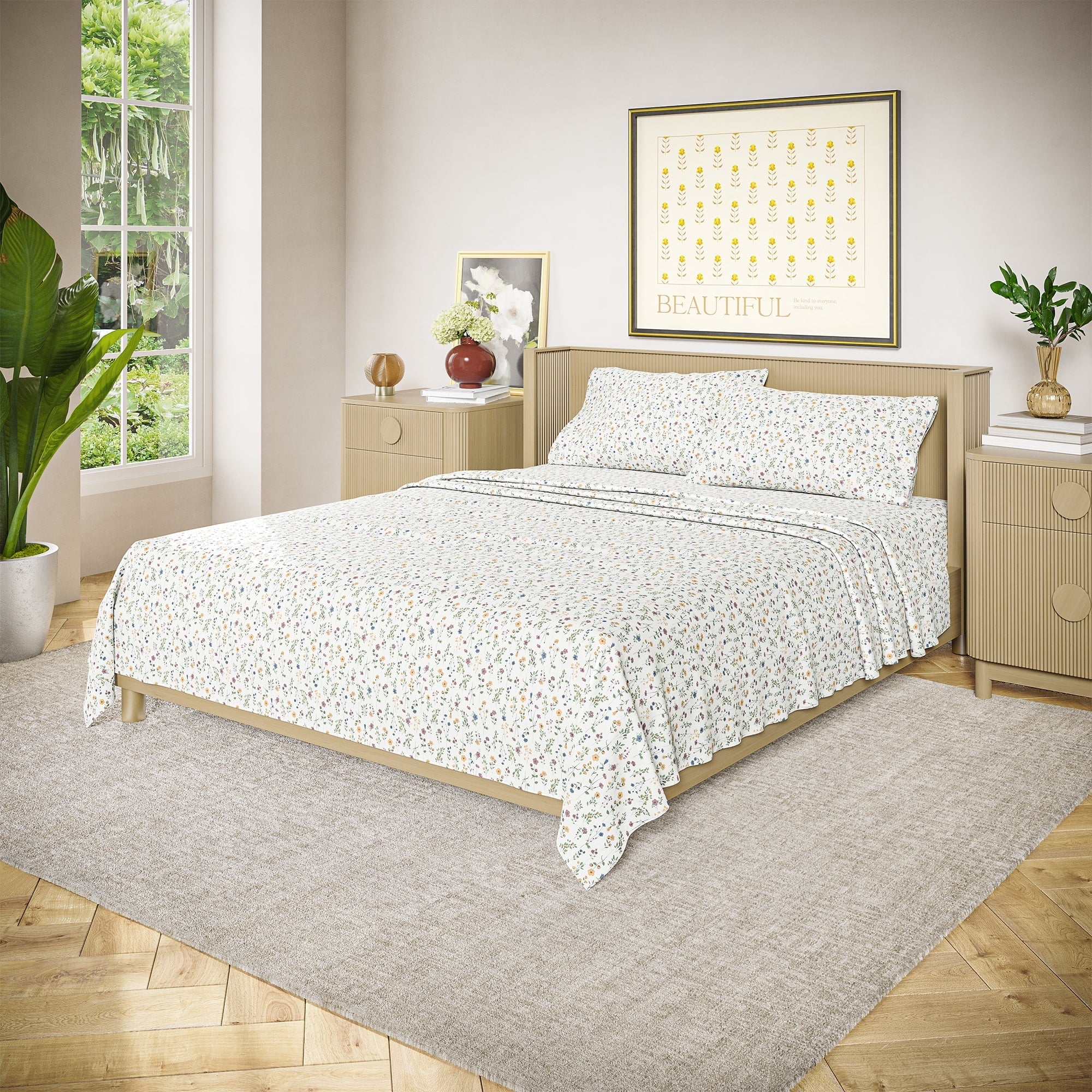 Wrinkle-Resistant Botanical 4-Piece 100% Cotton Washed Percale White Sheet Set, Queen - Breathable Egyptian Cotton Flat & Fitted Sheets Detail