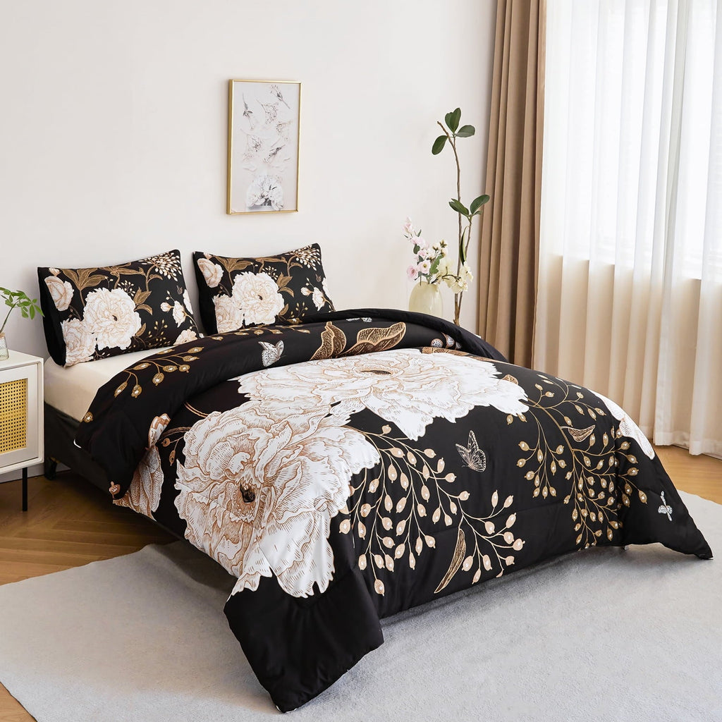 All-Season Black Floral Comforter Set Queen, Printed Comforter White Flowers Butterfly Bedding Set, 3 Pieces Botanical Reversibl... - All-Season Down Alternative Comforter Insert Detail