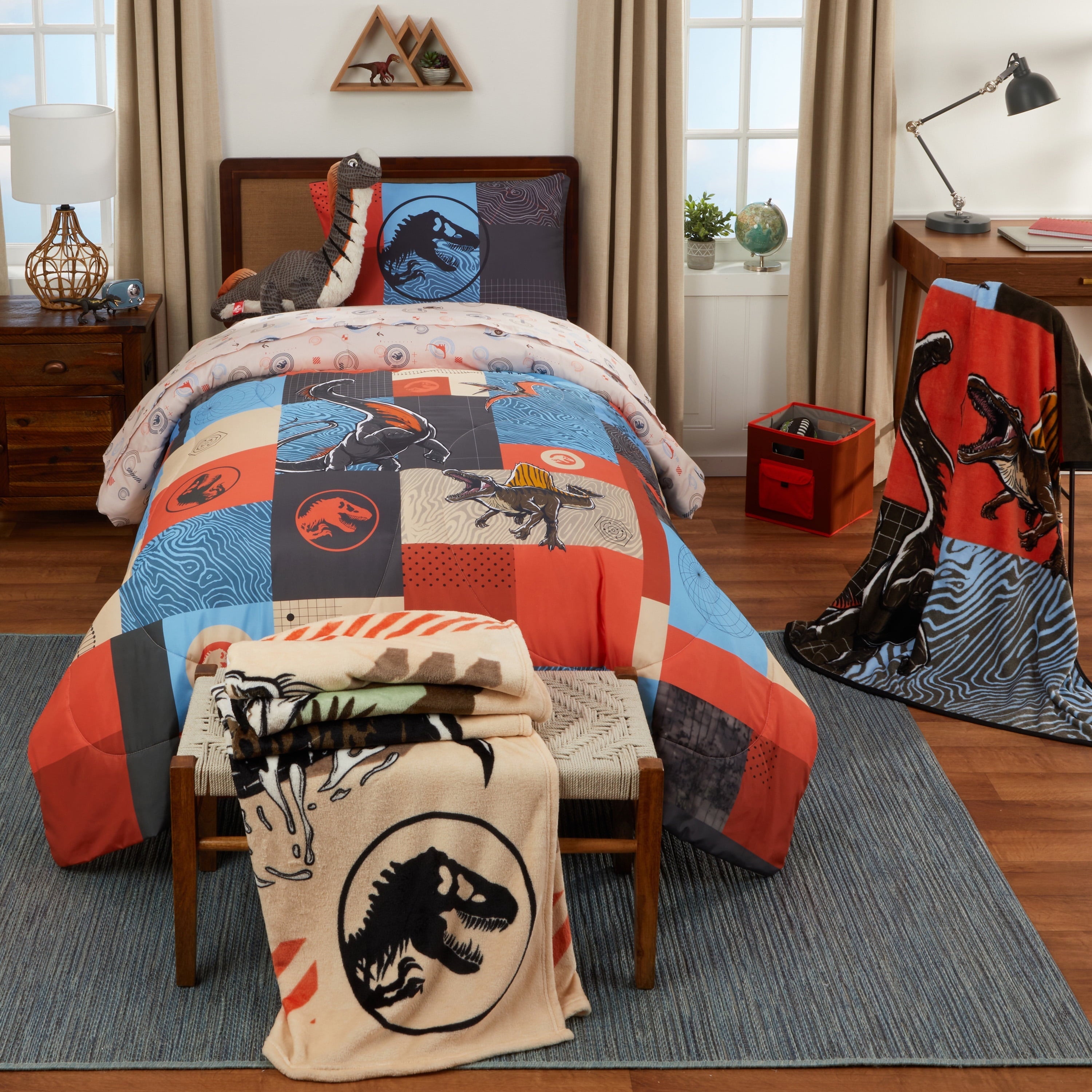 Luxurious Quilted Kids 2 Piece Blue Orange Reversible Dinosaur Comforter and Pillowcase set, Twin/full - Luxurious Quilted Duvet Cover Set Detail