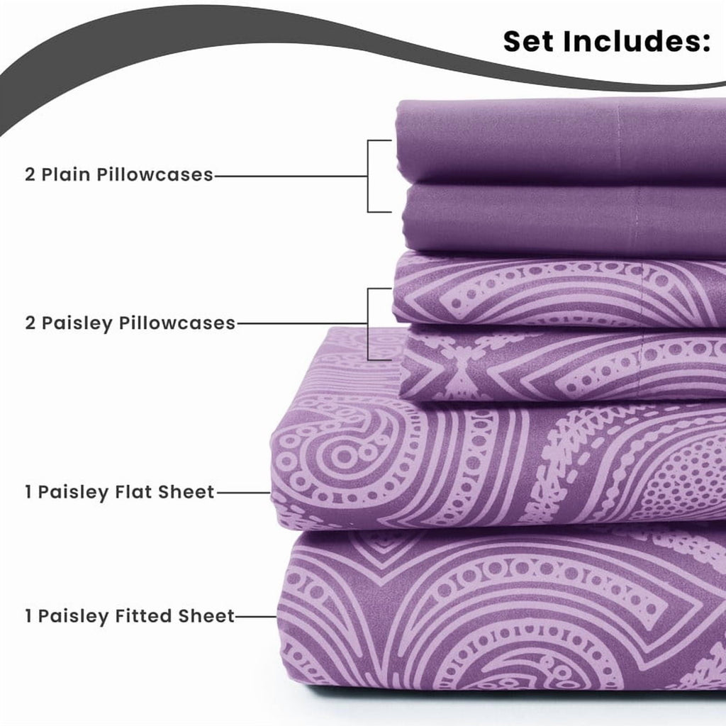 Breathable Luxury Paisley Printed Queen Bed Sheets Set, Microfiber 6 Piece Bedding Set - Purple - Breathable Egyptian Cotton Flat & Fitted Sheets Detail