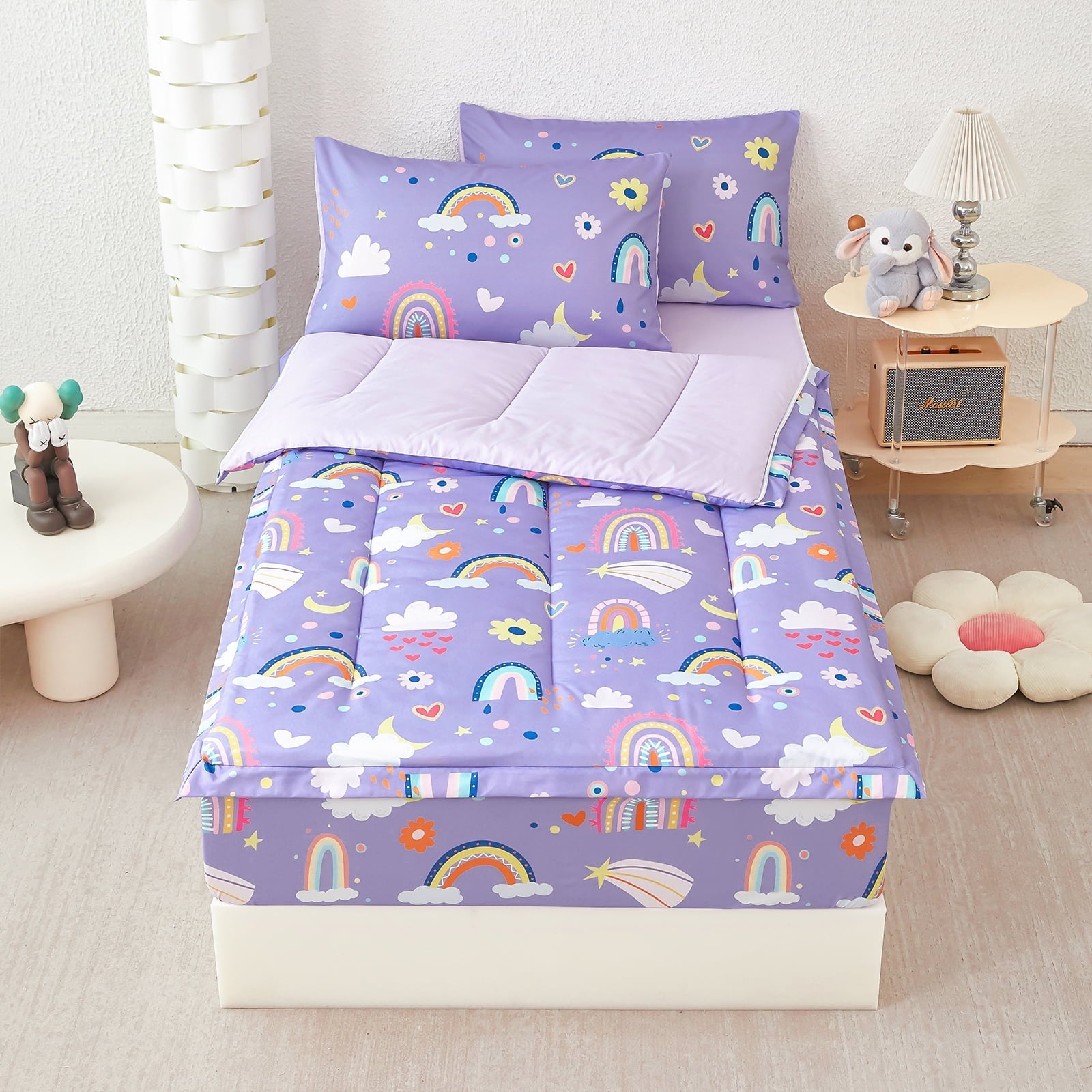 Luxurious Quilted Zipper Kids Comforter Set, 3-Piece Purple Twin Bed in a Bag, Cartoon Rainbow Stars Flowers Printed Zip Up Comforter S... - Luxurious Quilted Duvet Cover Set Detail