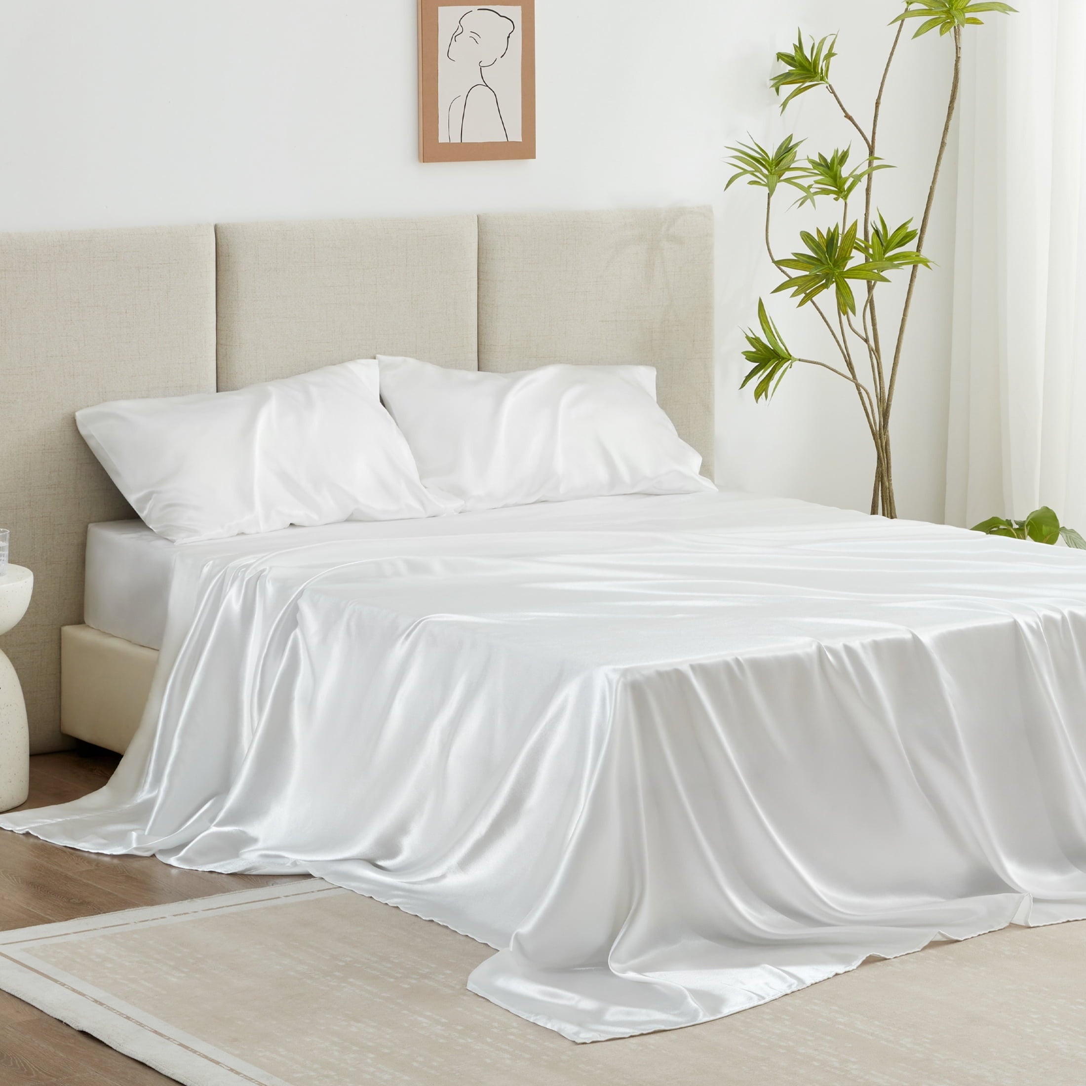 Wrinkle-Resistant Satin Sheets Full Sheet Set Deep Pocket Luxury Silky Bed Sheets for Hair and Skin 4 Pieces, White - Cooling Hotel Quality Bedding Sheets and Pillowcases Detail