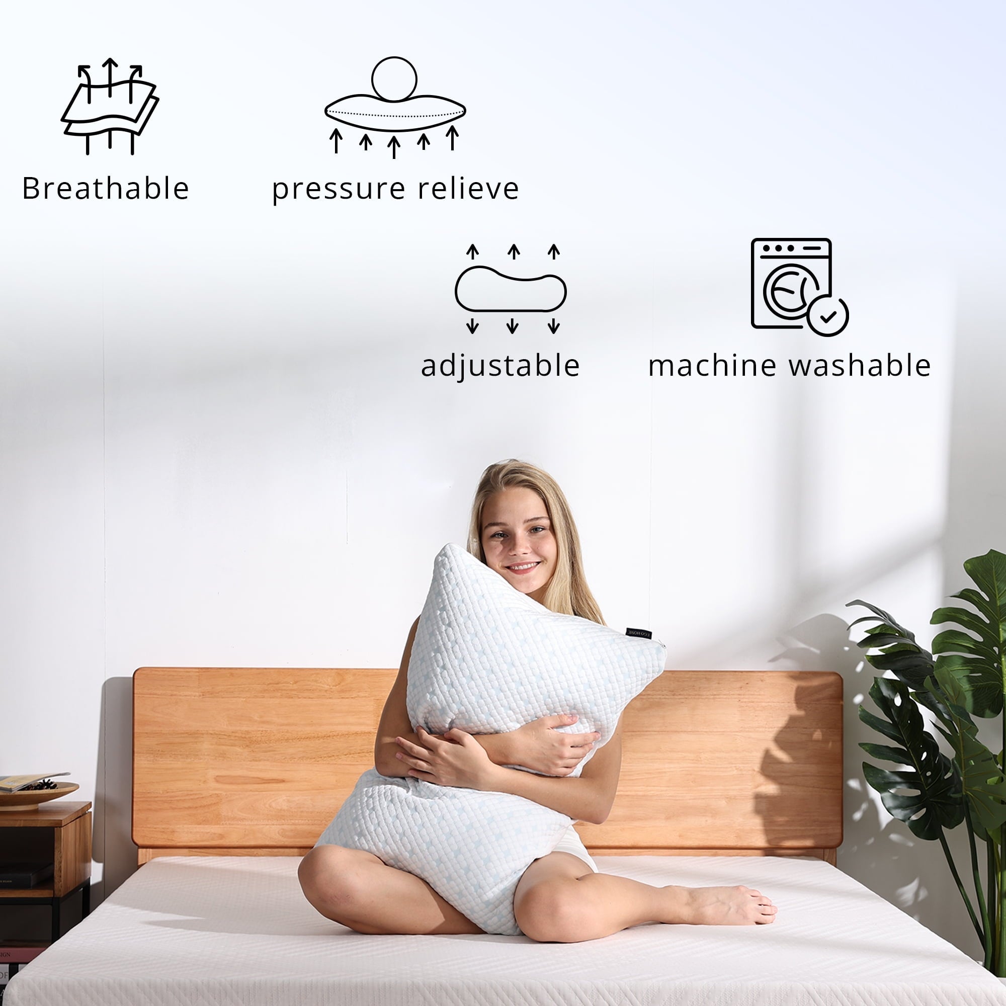 Decorative Plump 2-Pack Adjustable Cooling Bed Pillows, Shredded Memory Foam Pillows Set of 2, Standard Queen, Dual Sides - Ergonomic Memory Foam Pillow for Neck Pain Support Detail