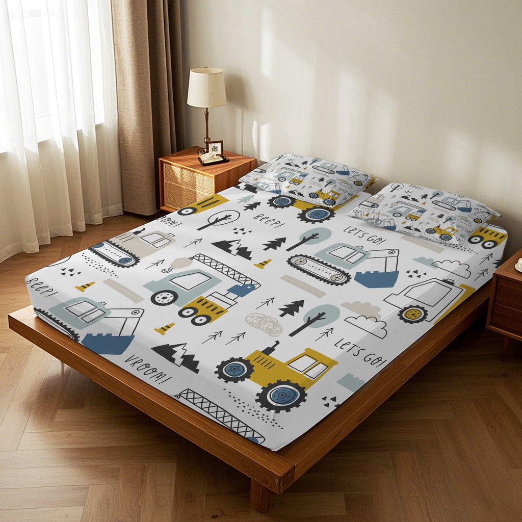 Cooling Sateen Cartoon Excavator Sheet Set for Kids Boys Truck Construction Bedding Set Engineering Vehicle Bed Sheet Sets with 1 Fi... - Breathable Egyptian Cotton Flat & Fitted Sheets Detail