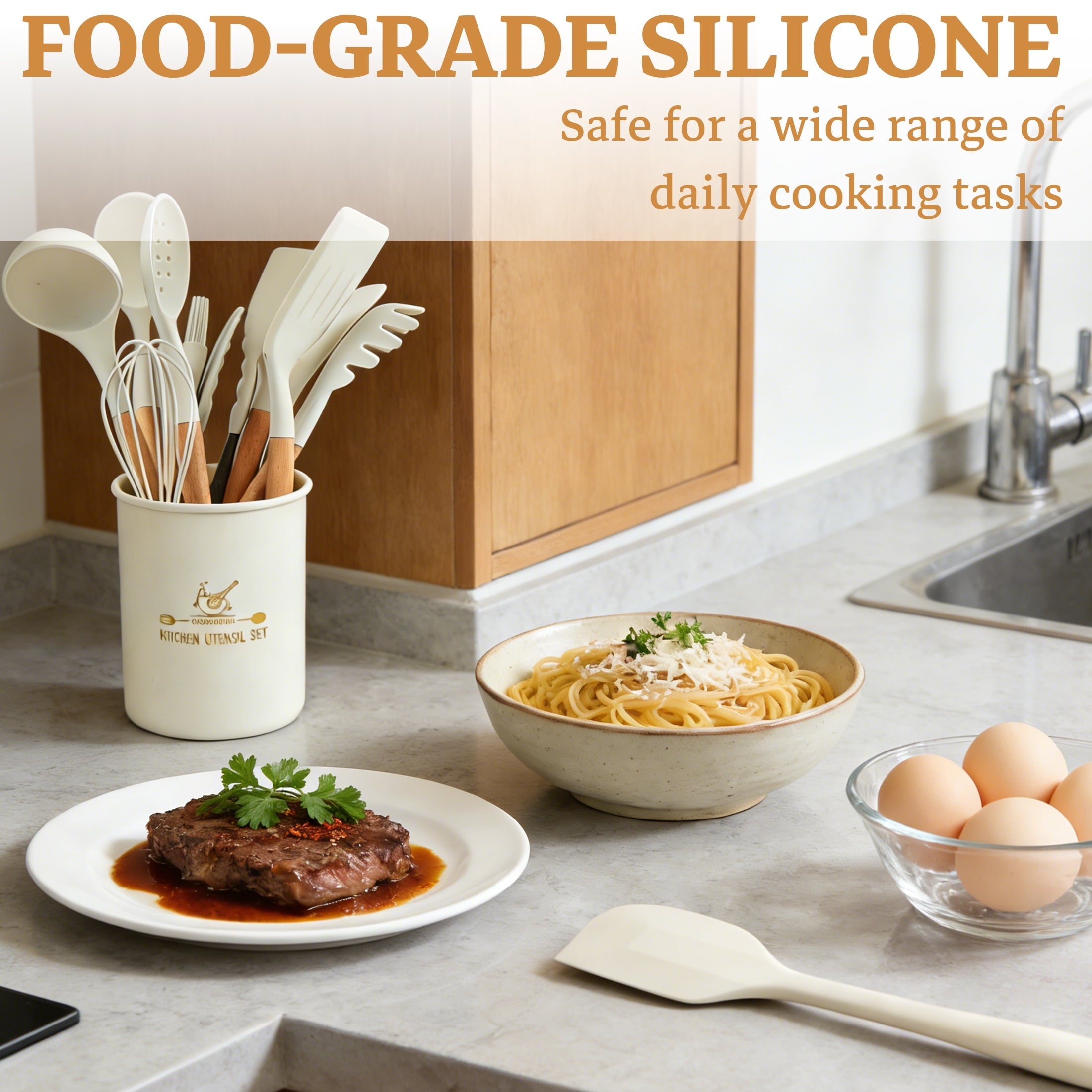 Ergonomic Cooking 14-Piece Silicone Cooking Utensils Set, Non-Stick Kitchen Utensil Set for Baking, Flipping, Mixing, White - Durable Turner & Ladle Utensil Set for Home Chefs Detail