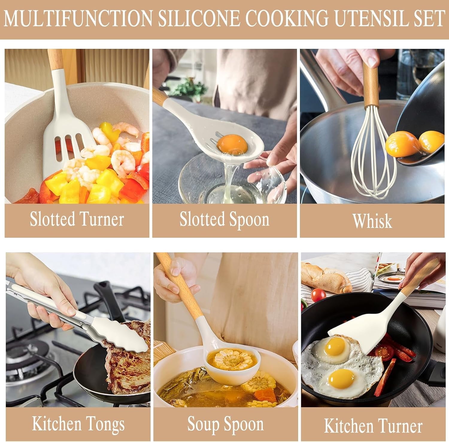 Ergonomic Cooking Kitchen Cooking Utensils Set, 33 pcs Non-stick Silicone Cooking Kitchen Utensils Spatula Set with Holder, Wooden Hand... - Premium Stainless Steel Cooking Utensil for Non-Stick Pots Detail