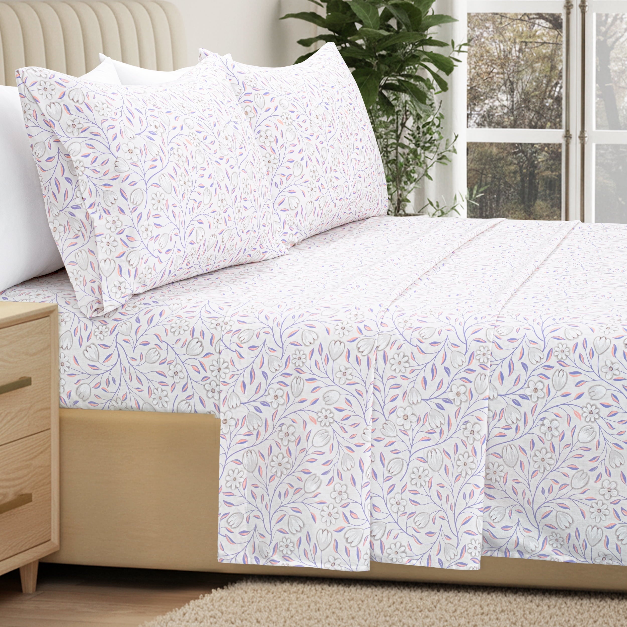 Premium Egyptian Cotton 100% Cotton Full Size Sheets,4 Piece Pure Percale Bed Sheets Set Deep Pocket Fits Mattress Upto 15",floral vine pattern - Breathable Egyptian Cotton Flat & Fitted Sheets Detail