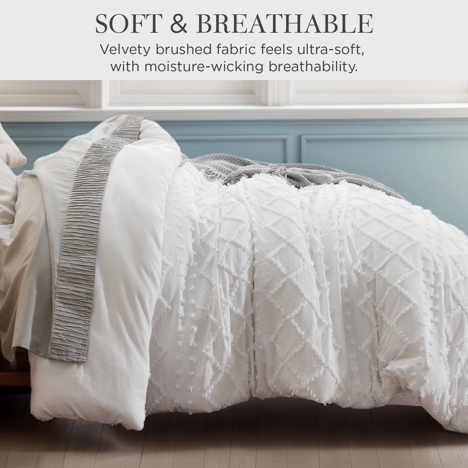 Fluffy Down Alternative Queen Comforter Set, Boho Tufted Shabby Chic Bedding Comforter Set, 3 Pieces Farmhouse Bed Set for All Seasons, White... - All-Season Down Alternative Comforter Insert Detail