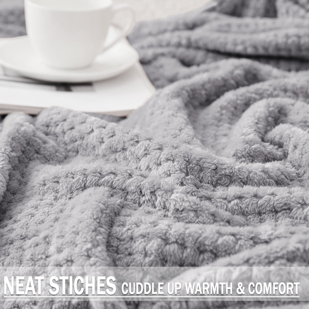 Decorative Knitted Waffle Textured Extra Large Fleece Blanket, Super Soft and Warm Throw Blanket for Couch, Sofa and Bed (Light Grey, 50... - Super Soft Reversible Sherpa Flannel Blanket Detail