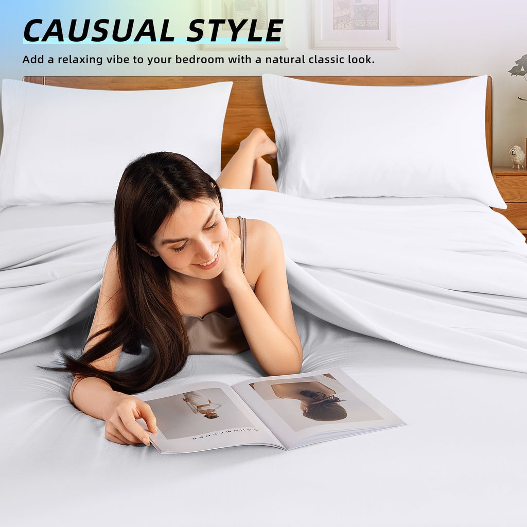 Wrinkle-Resistant Bed Sheets Set, Microfiber Deep Pocket 4 Pieces Luxury Soft Sheet Set, Queen, White - Premium Ultra-Soft Pillowcase Pair for Sleeping Detail