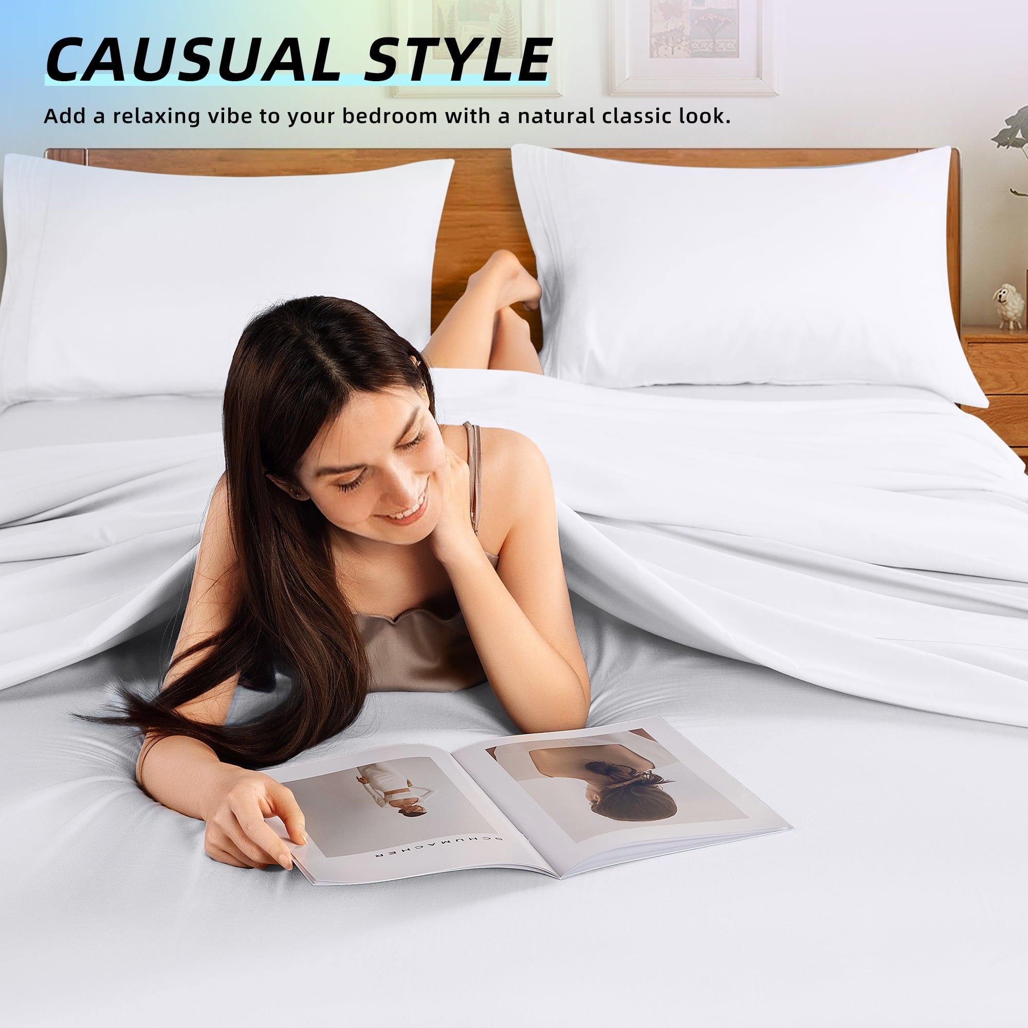 Wrinkle-Resistant Bed Sheets Set, Microfiber Deep Pocket 4 Pieces Luxury Soft Sheet Set, Queen, White - Premium Ultra-Soft Pillowcase Pair for Sleeping Detail