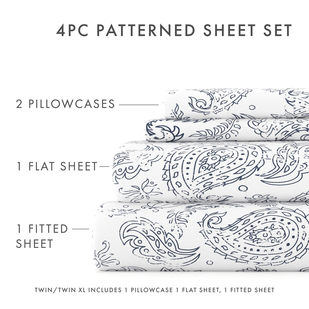 Cooling Sateen 4 Piece Pattern Microfiber Bed Sheets Set, Navy Coarse Paisley, Full - Breathable Egyptian Cotton Flat & Fitted Sheets Detail