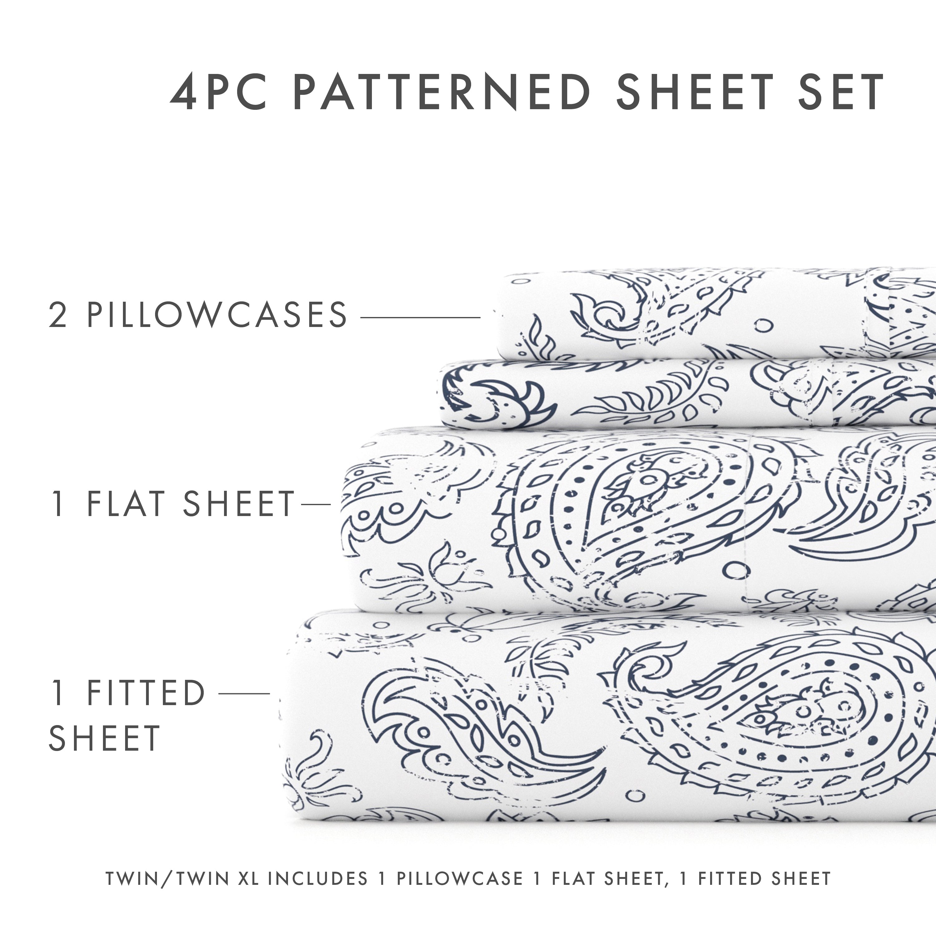 Cooling Sateen 4 Piece Pattern Microfiber Bed Sheets Set, Navy Coarse Paisley, Full - Breathable Egyptian Cotton Flat & Fitted Sheets Detail