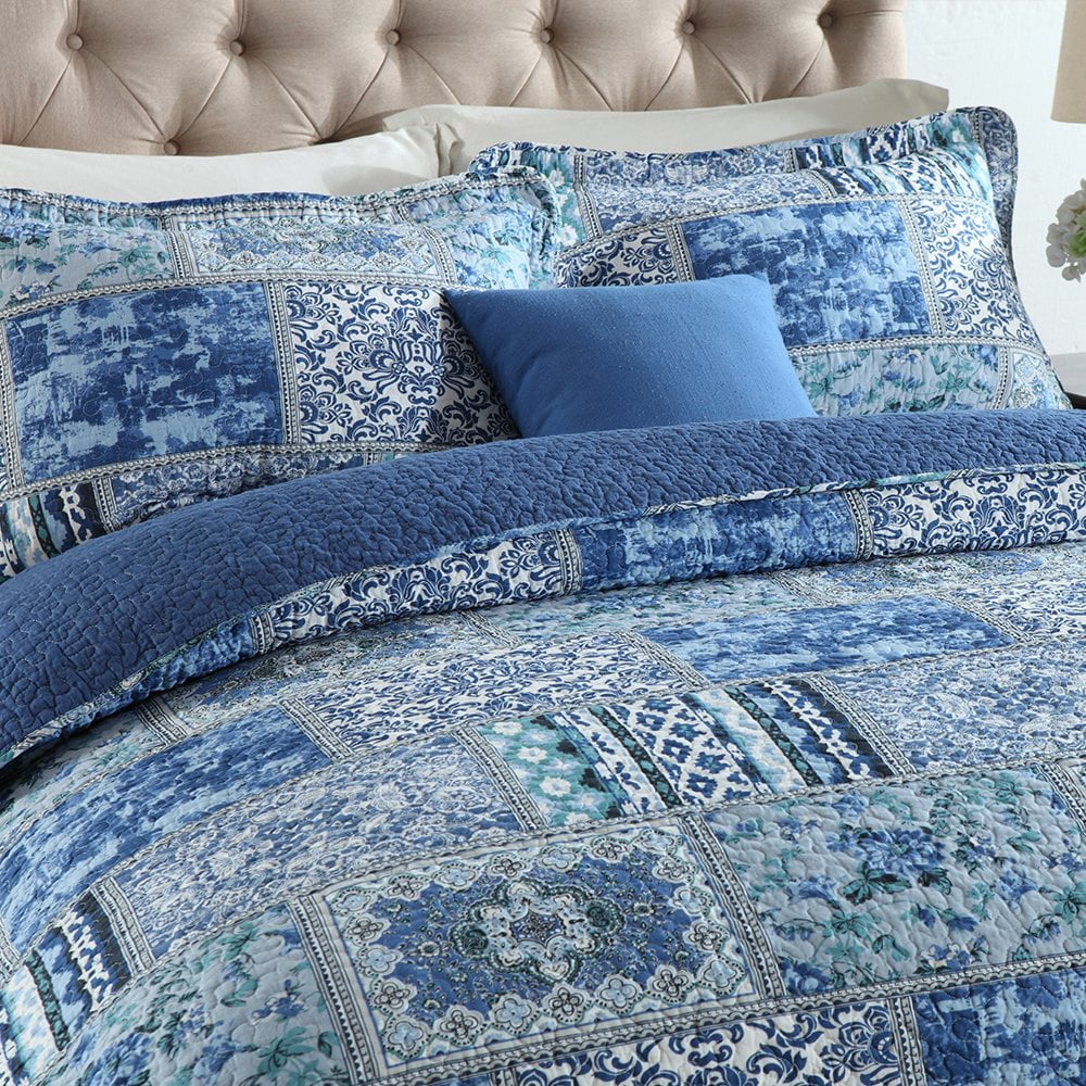 Heavyweight Warmth Quilt Comforter Cotton Bedding Set With Shams, Vintage Blue, King - Luxurious Quilted Duvet Cover Set Detail