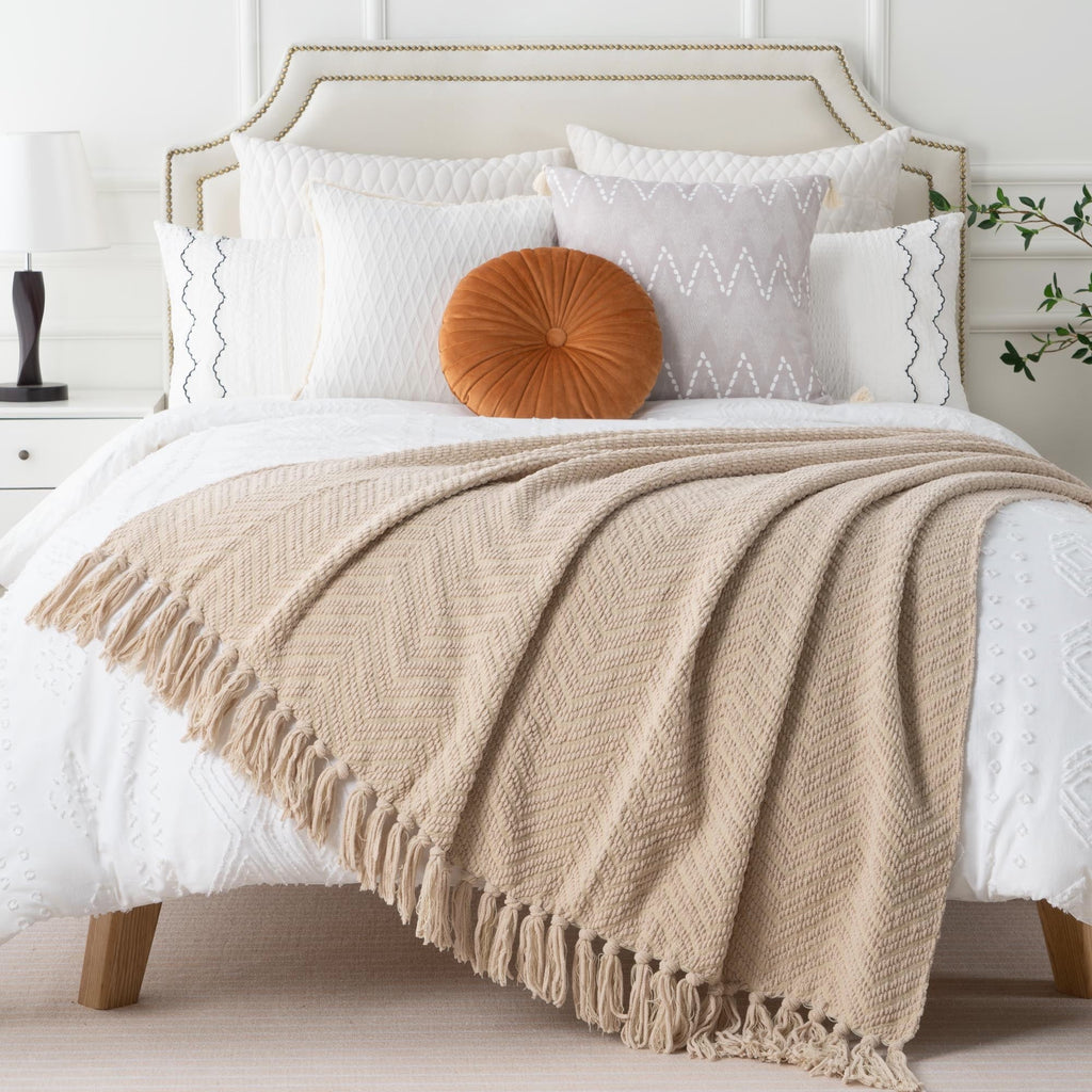 Lightweight Warm Beige Throw Blanket,Textured Knitted Tan Throws with Tassels,Neutral Sofa Bed Throws,50"x60" - Cozy Fleece Throw Blanket for Couch & Bed Detail