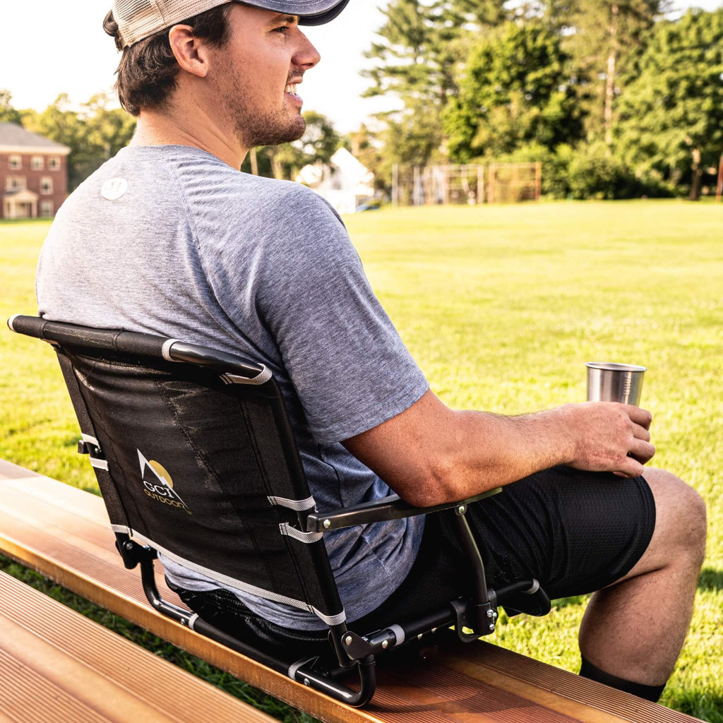 Secure-Hook Big Comfort Stadium Chair with Armrests - Choice 465 - Grandstand Cushion Seat with Secure Under-Bench Hooks Detail