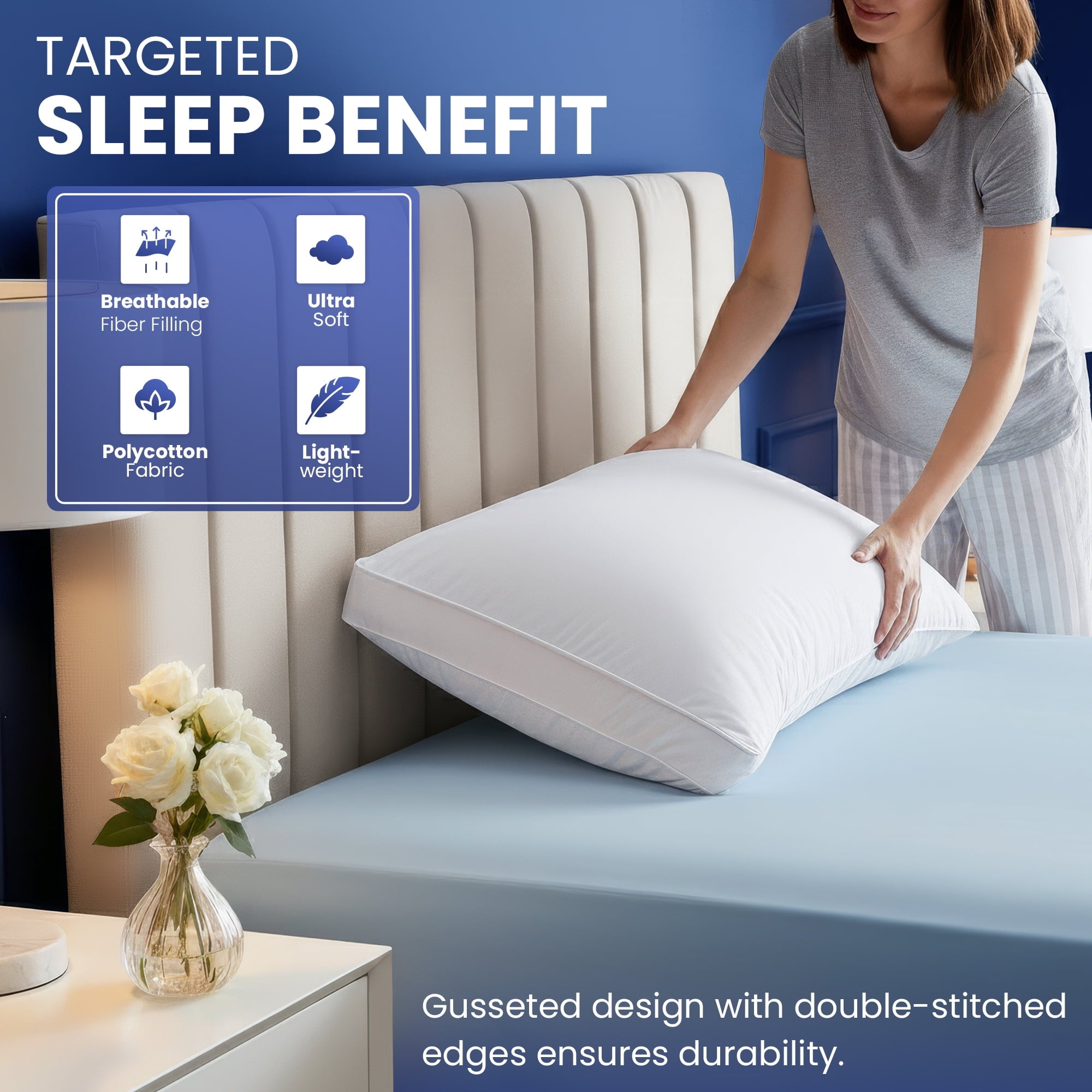 Ergonomic Memory Foam Queen Bed Pillow, 26"L x 18" W, Set of 2, Soft and High-Quality, Gusseted Pillow for All Sleep Positions (White) - Ergonomic Memory Foam Pillow for Neck Pain Support Detail