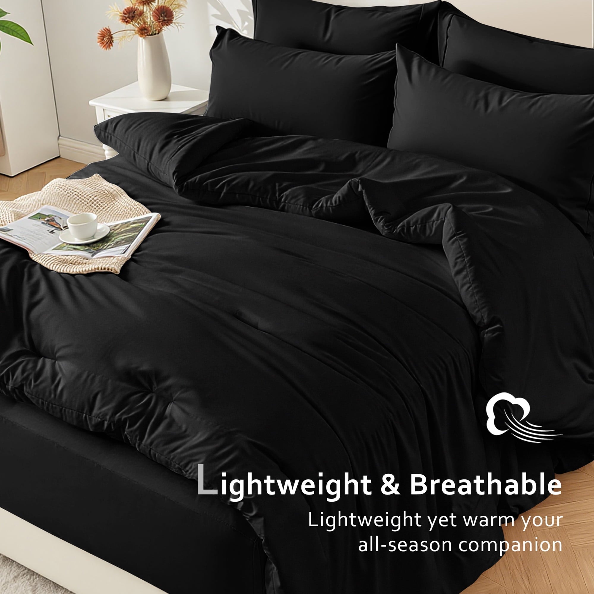 Hypoallergenic Cloud 5-Piece Bed in Bag - Twin Size Comforter Sets, Pillowcases & Sheet Collection for Cozy Bedding Sets Black - Cloud-Like Soft Lightweight Bed Comforter Detail