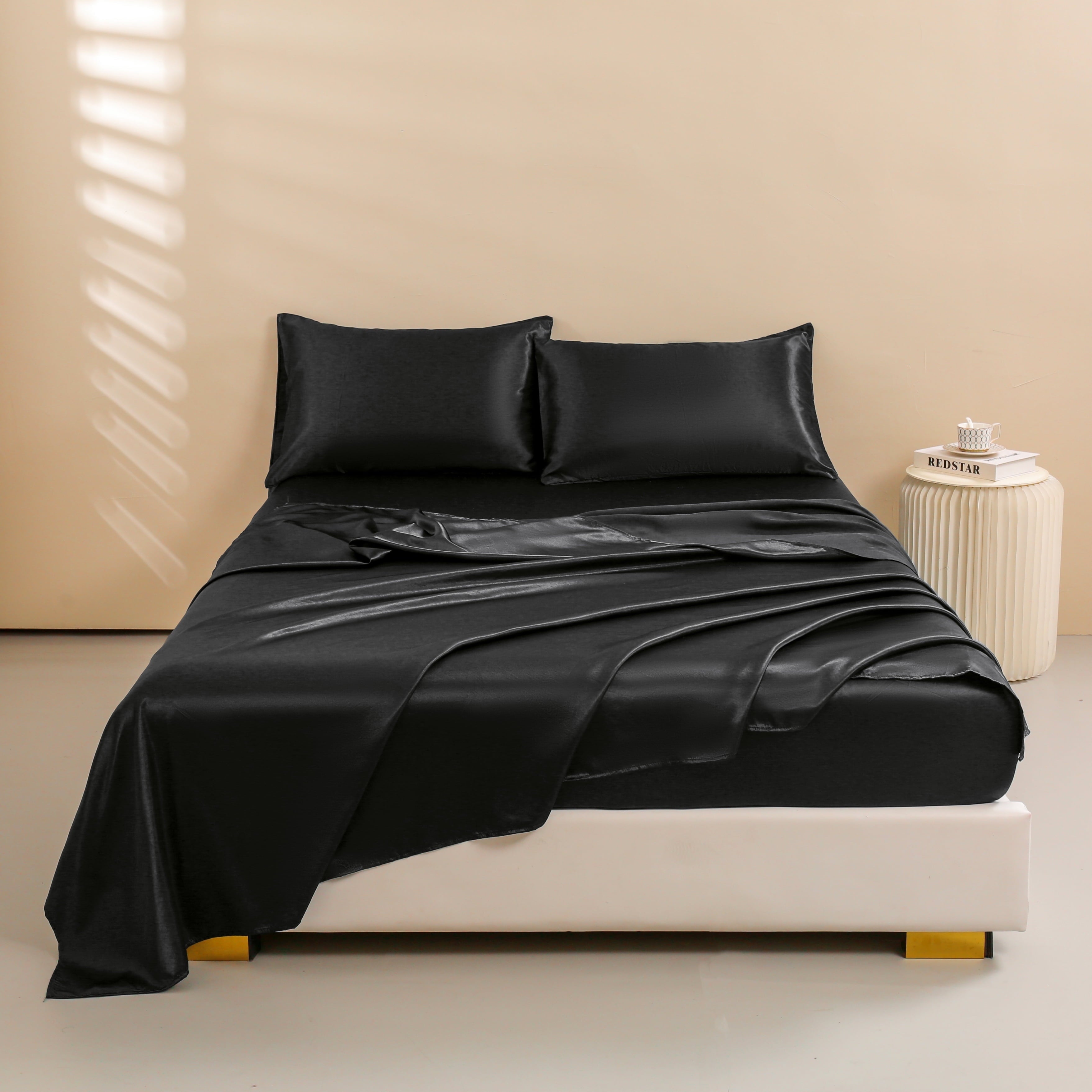 Cooling Sateen 4Pcs Black Satin Sheets Queen Set Silk Sheets 13" Deep Pocket Ultra Soft silky Bed Sheet Set - Breathable Egyptian Cotton Flat & Fitted Sheets Detail
