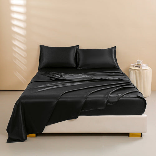 Cooling Sateen 4Pcs Black Satin Sheets Queen Set Silk Sheets 13" Deep Pocket Ultra Soft silky Bed Sheet Set - Breathable Egyptian Cotton Flat & Fitted Sheets Detail