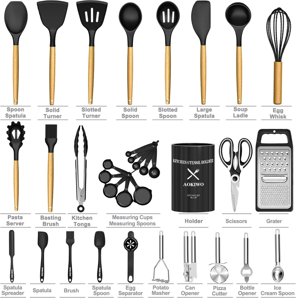 Seamless One-Piece Kitchen Utensil Set, 34Pieces Silicone Cooking Utensil Set with Wooden Handle, Heat Resistant Spatula Set Gadg... - Durable Turner & Ladle Utensil Set for Home Chefs Detail
