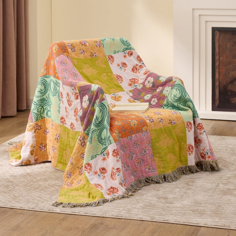 Super Soft Flannel 100% Cotton Boho Blankets for Home Decor – Colorful Patchwork Reversible Farmhouse Quilt Bedding, Vintage Woven Decor... - Super Soft Reversible Sherpa Flannel Blanket Detail