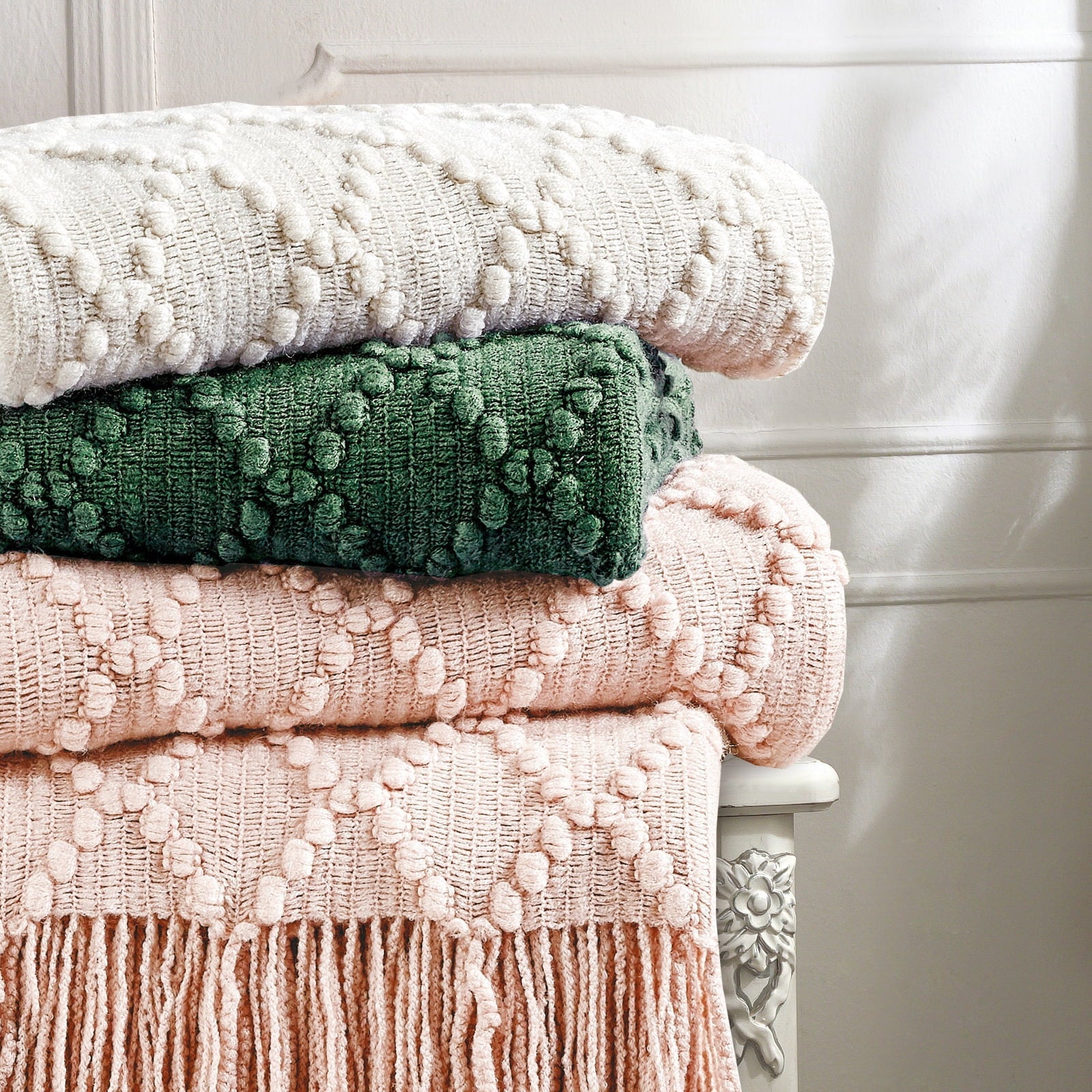 Cozy Fleece Texture Pure Color Soft Throw Blanket and Sofa Or Bed Knitted Decorative Blanket 50 x70 inches Jacquard Diamond Beige... - Lightweight Plush Warm Blanket for All Seasons Detail