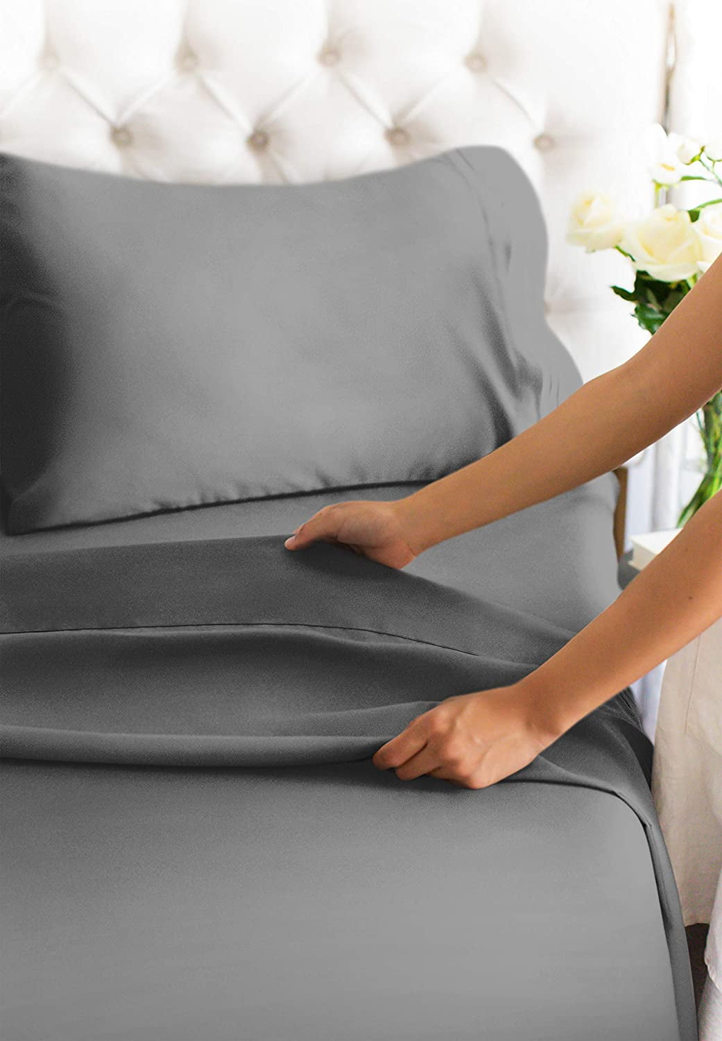 Cooling Sateen 4-Piece Extra Deep Pocket Sheet Set - Full Size Breathable & Cooling Bed Sheets Fits 18"-24" Mattresses, Gray - Luxury Bed Sheet Set with Deep Pockets Detail