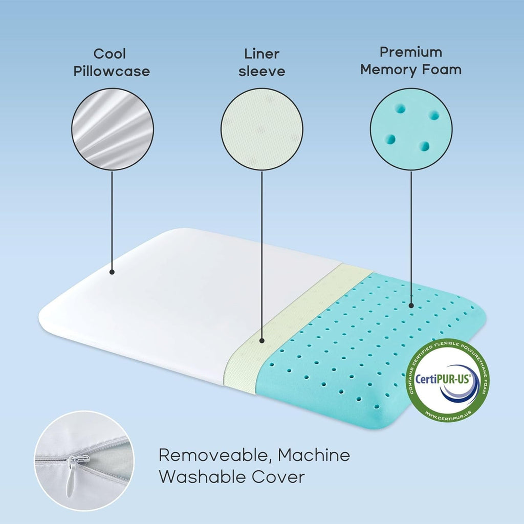 Hotel Collection Ultra Thin Cooling Memory Foam Pillows, Summer Bed Pillows for Back, Stomach or Side Sleepers, Flat Pillow with Washa... - Orthopedic Shredded Foam Bed Pillow Set Detail