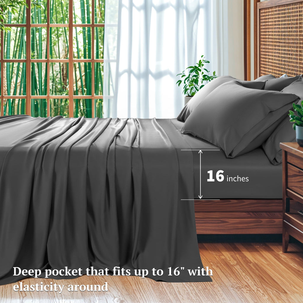 Wrinkle-Resistant 6 Pieces Bamboo Bed Sheets Set, Luxury Rayon Derived - Deep Pockets - Wrinkle Free - Extremely Soft, Queen, Dark Gray - Premium Ultra-Soft Pillowcase Pair for Sleeping Detail