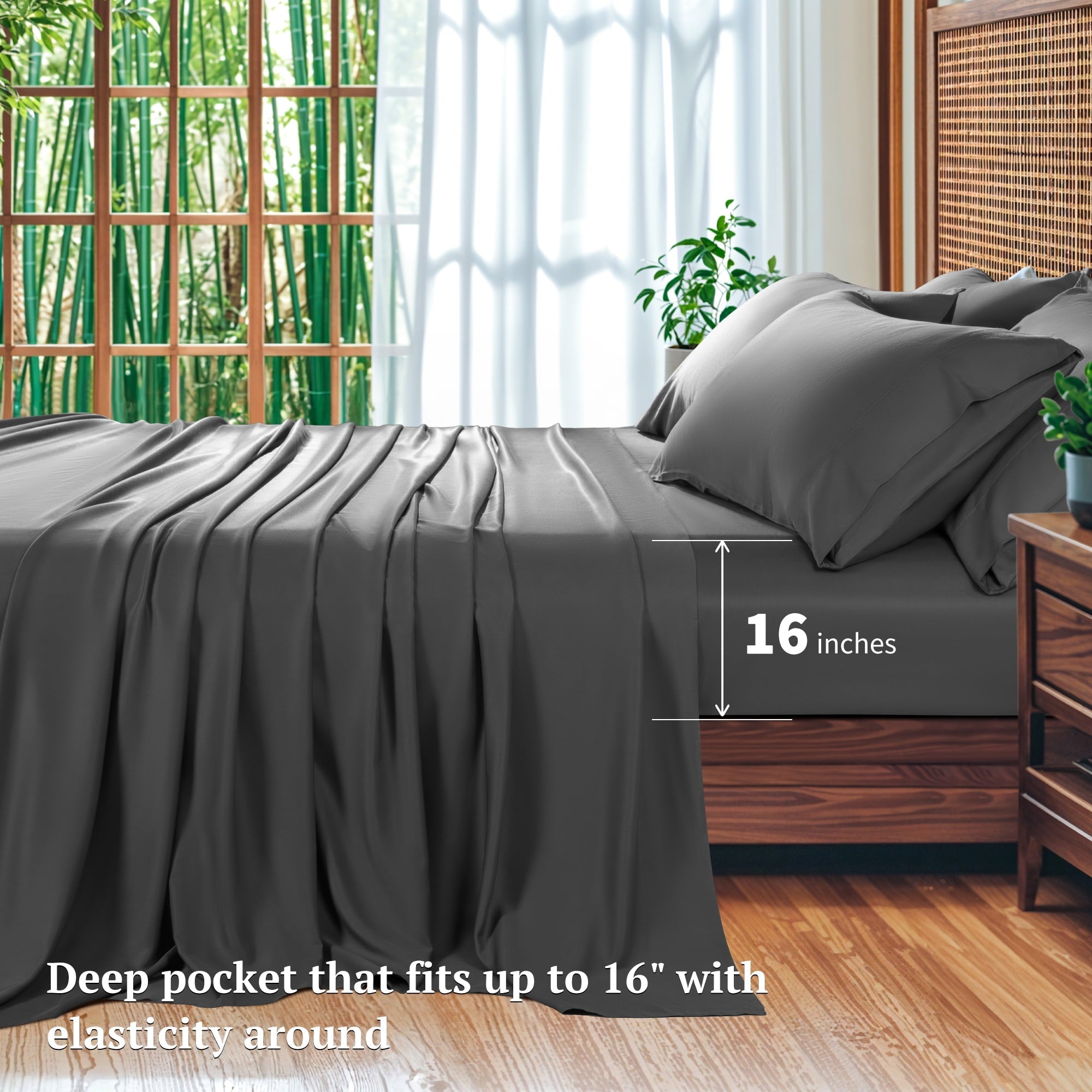 Wrinkle-Resistant 6 Pieces Bamboo Bed Sheets Set, Luxury Rayon Derived - Deep Pockets - Wrinkle Free - Extremely Soft, Queen, Dark Gray - Premium Ultra-Soft Pillowcase Pair for Sleeping Detail