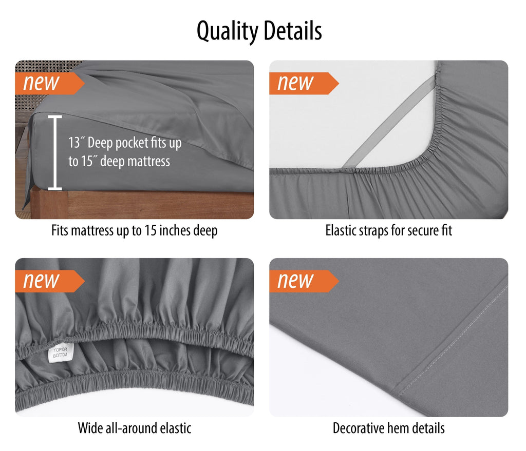 Premium Egyptian Cotton Super Soft Brushed Microfiber Bed Sheet Set, Soothing Gray, Queen, 4 Piece - Breathable Egyptian Cotton Flat & Fitted Sheets Detail
