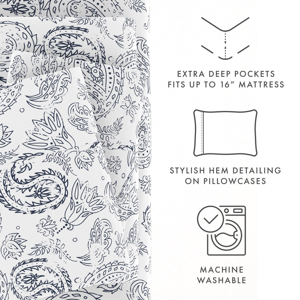 Cooling Sateen 4 Piece Pattern Microfiber Bed Sheets Set, Navy Coarse Paisley, Full - Breathable Egyptian Cotton Flat & Fitted Sheets Detail