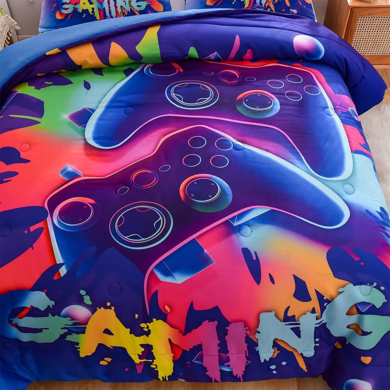 Luxurious Quilted Purple Queen Gaming Comforter Sets for Boys Kids Bedding Sets Colorful Games Console Gamer Quilt Set - Luxurious Quilted Duvet Cover Set Detail