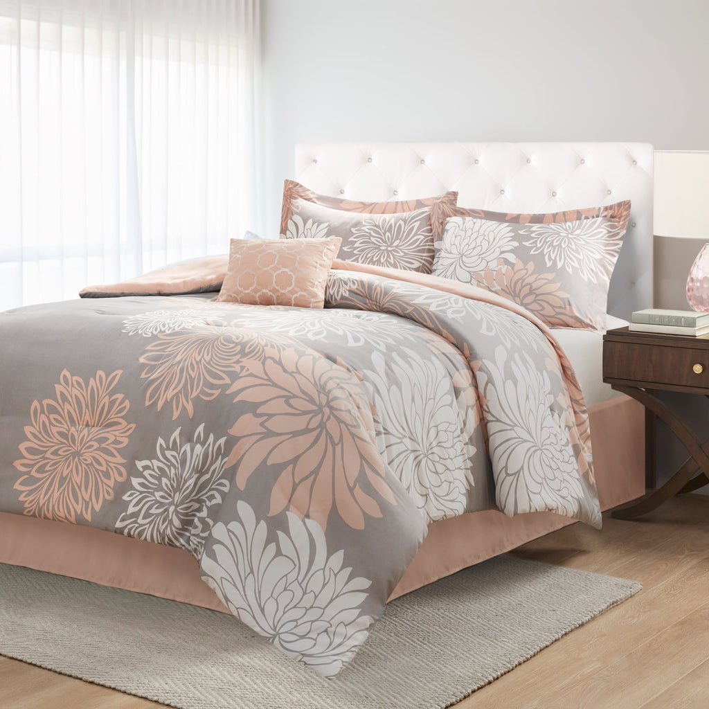 All-Season King Size Comforter Set, 5-Piece Floral Bedding Set for All Season, Blush Comforter Set King with Bed Skirt - All-Season Down Alternative Comforter Insert Detail