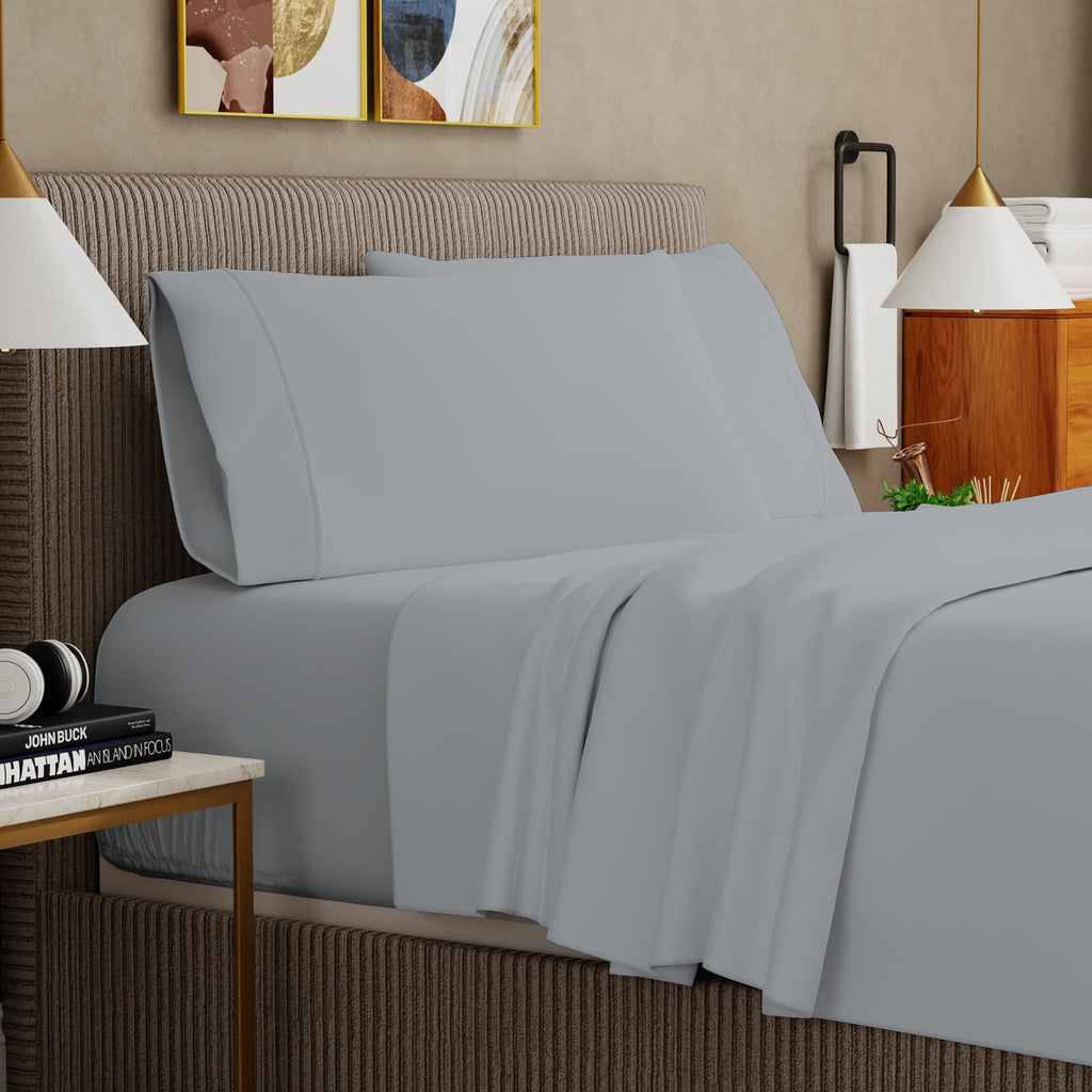 Ultra-Soft Soft Finish Microfiber Percale Queen Bed Sheet Set – 4-Piece Lightweight, Wrinkle-Resistant, Quick-Dry, Light Gray - Breathable Egyptian Cotton Flat & Fitted Sheets Detail