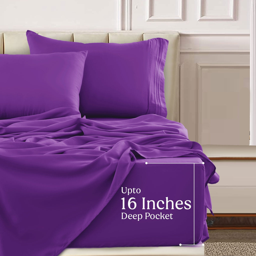 Ultra-Soft King Bed Sheets - 16 Inch Deep Pocket 6 Piece Microfiber Bedding Sheets & Pillowcase Sets - Purple - Premium Ultra-Soft Pillowcase Pair for Sleeping Detail