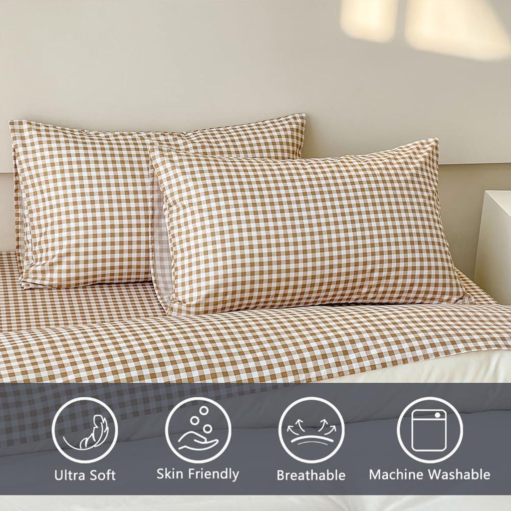 Breathable Luxury Sheet Set, Soft Brushed Microfiber Taupe Plaid Sheets, 4-Piece Brown Grid Set with Deep Pocket - Breathable Egyptian Cotton Flat & Fitted Sheets Detail