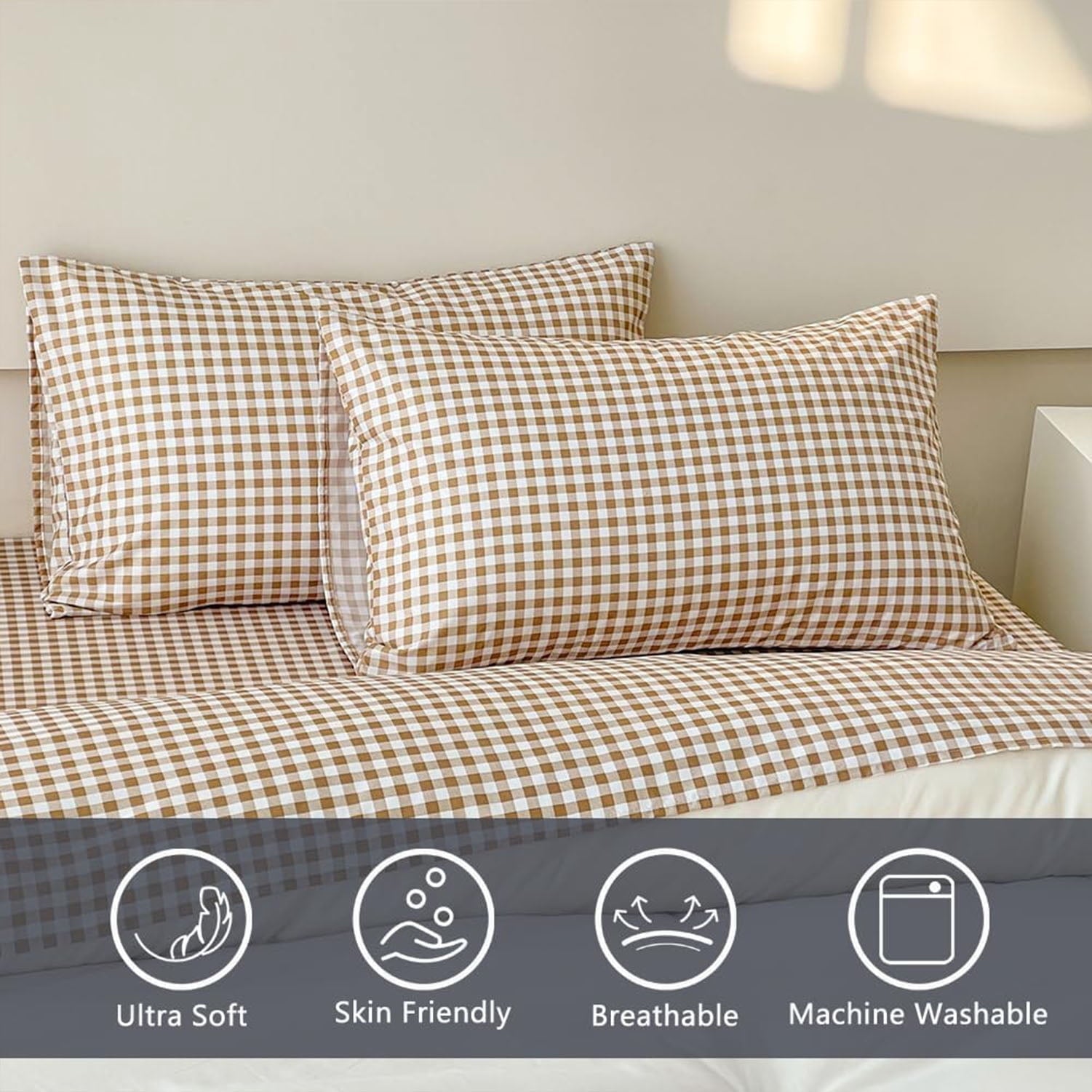 Breathable Luxury Sheet Set, Soft Brushed Microfiber Taupe Plaid Sheets, 4-Piece Brown Grid Set with Deep Pocket - Breathable Egyptian Cotton Flat & Fitted Sheets Detail