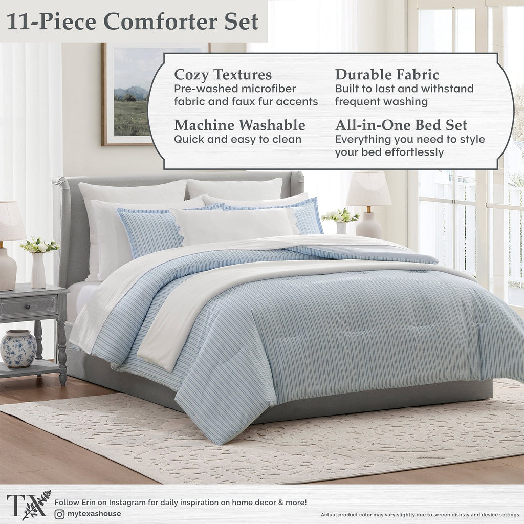 Hypoallergenic Cloud Stripe 11-Piece Comforter Set with Sheets, Blue, Queen - Hypoallergenic Ultra-Fluffy Quilt for Winter Detail